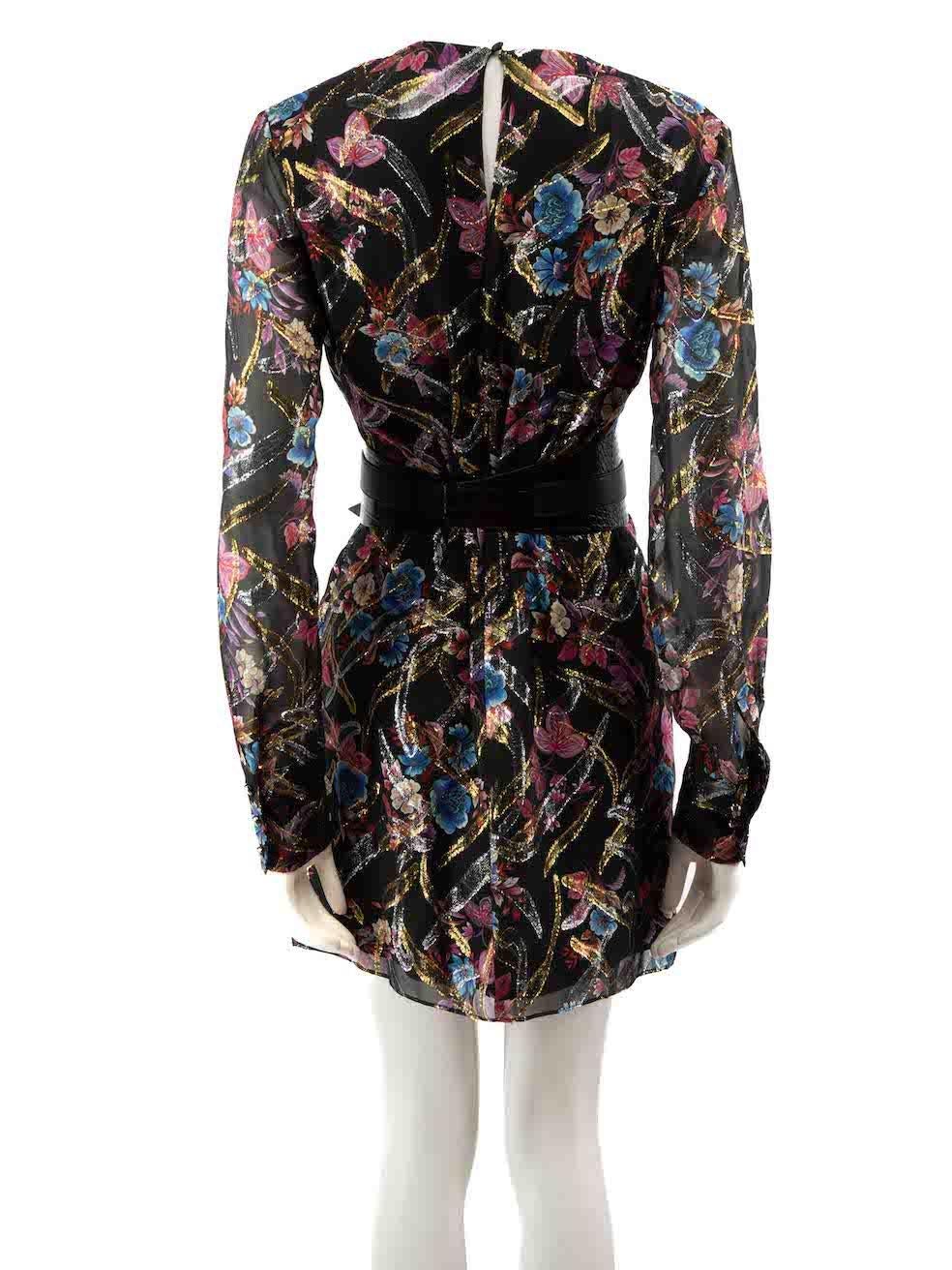Pinko Floral Print Metallic Belted Mini Dress Size M In Good Condition For Sale In London, GB