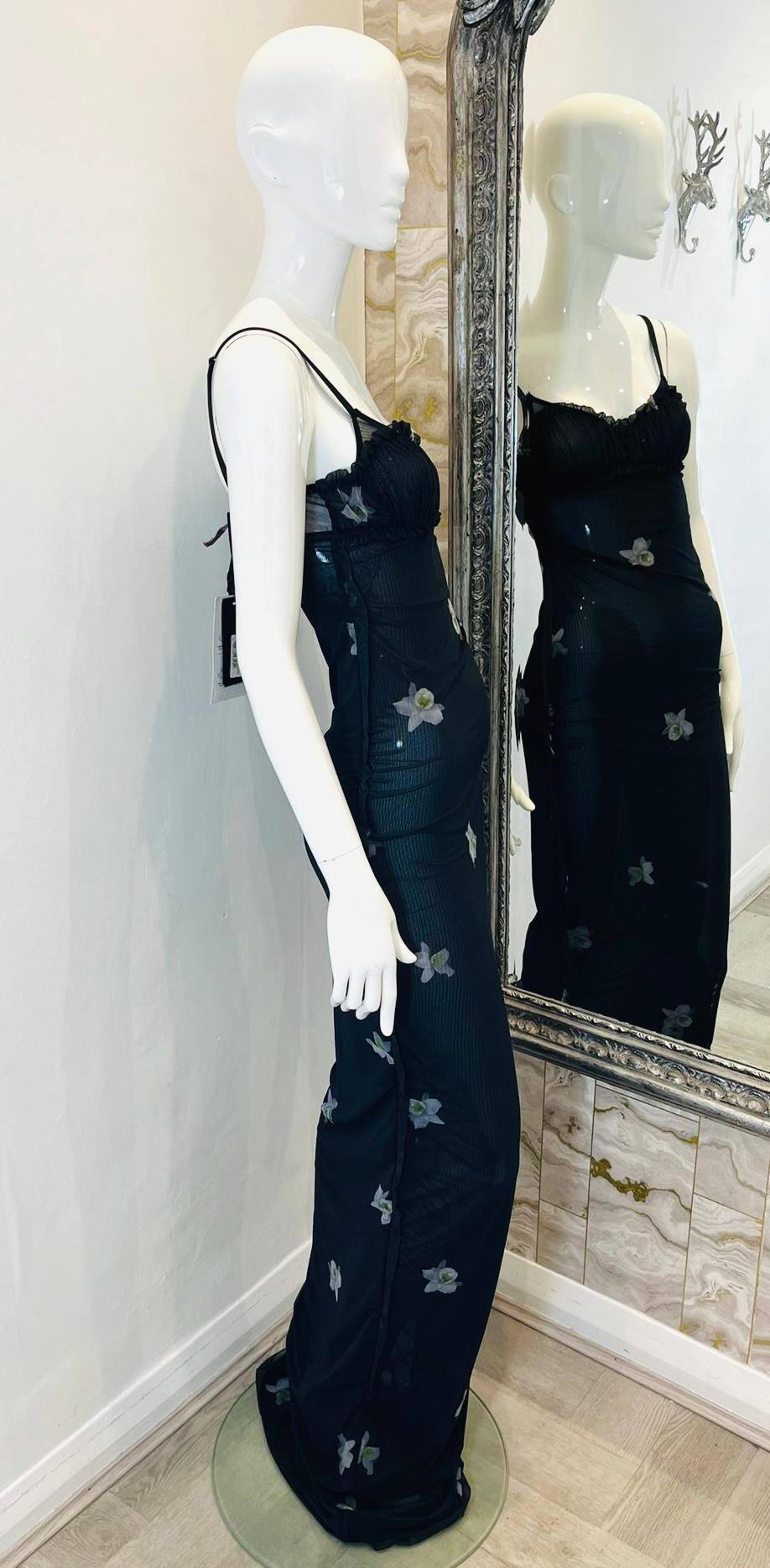 Black Pinko Gathered Orchid Print Tulle Dress