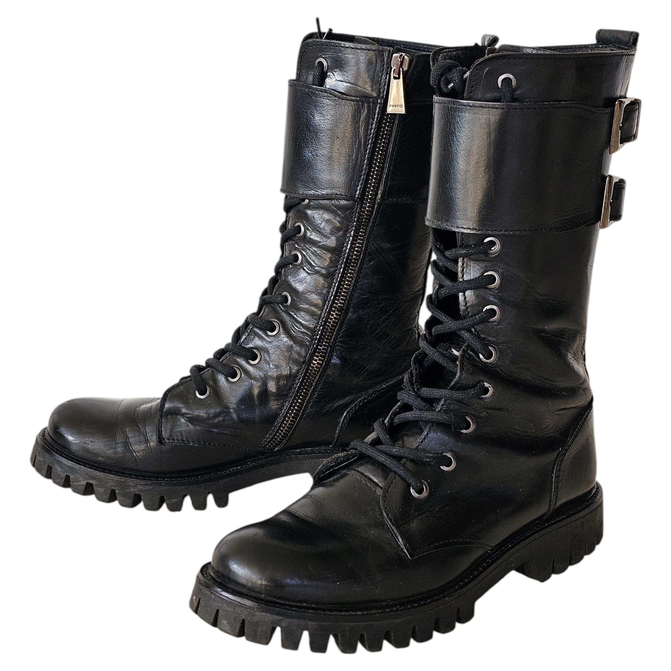 Pinko Italian Bottes de combat en cuir noir taille 39 élégance urbaine !