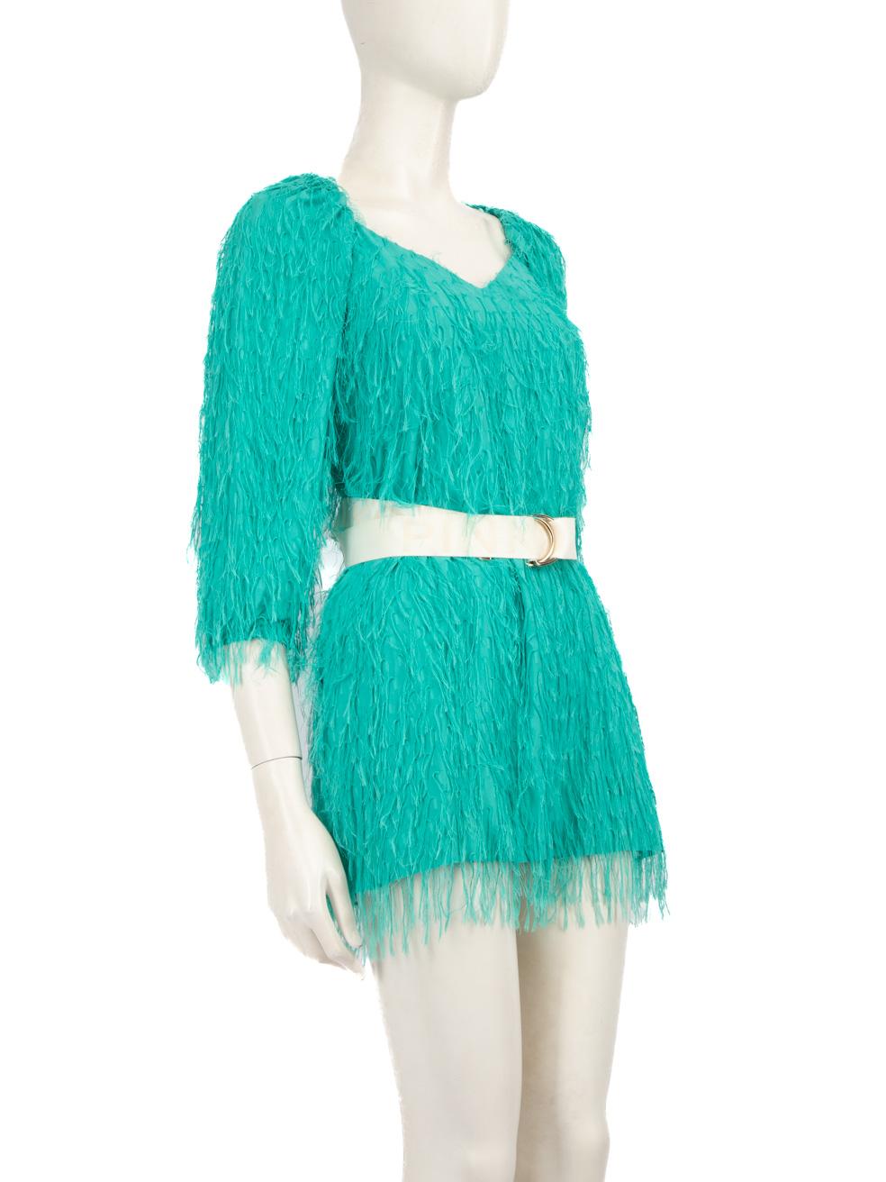 CONDITION is Very good. Minimal wear to the dress is evident, there are marks on the waist belt and small scratches on the hardware detail of this used Pinko designer resale item.
 
 
 
 Details
 
 
 Turquoise
 
 Synthetic
 
 Dress
 
 Mini
 
 Tassel
