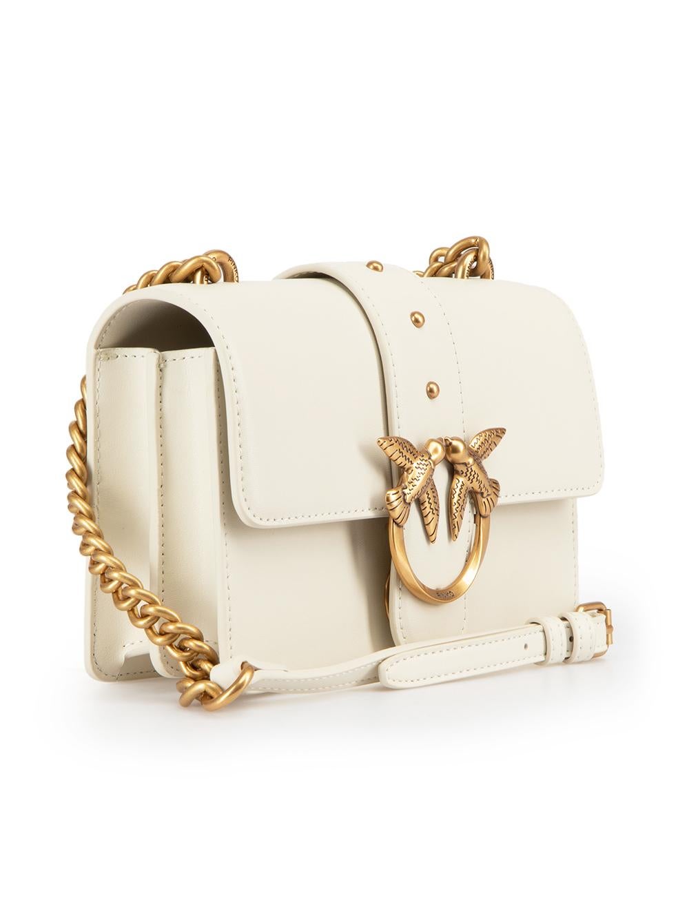 CONDITION is New with tags on this brand new Pinko designer item. This item comes with original packaging.
 
 
 
 Details
 
 
 Love One Mini
 
 White
 
 Leather
 
 Mini crossbody bag
 
 Gold tone hardware
 
 Lovebirds buckle hardware
 
 Chain and