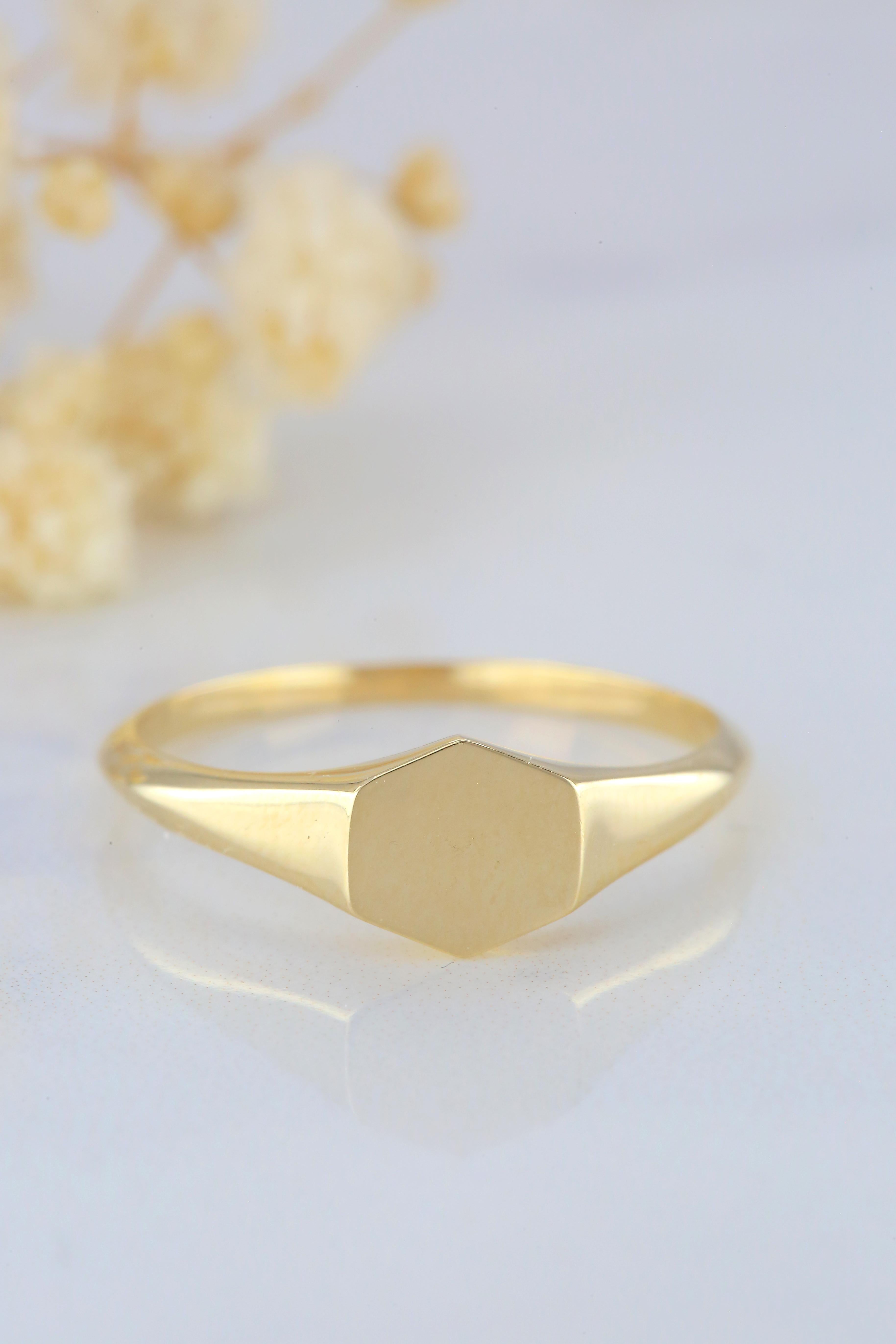 Pinky Signet Ring, 14K Gold Pinky Hexagon Signet Ring, Small Hexagonal Ring 5