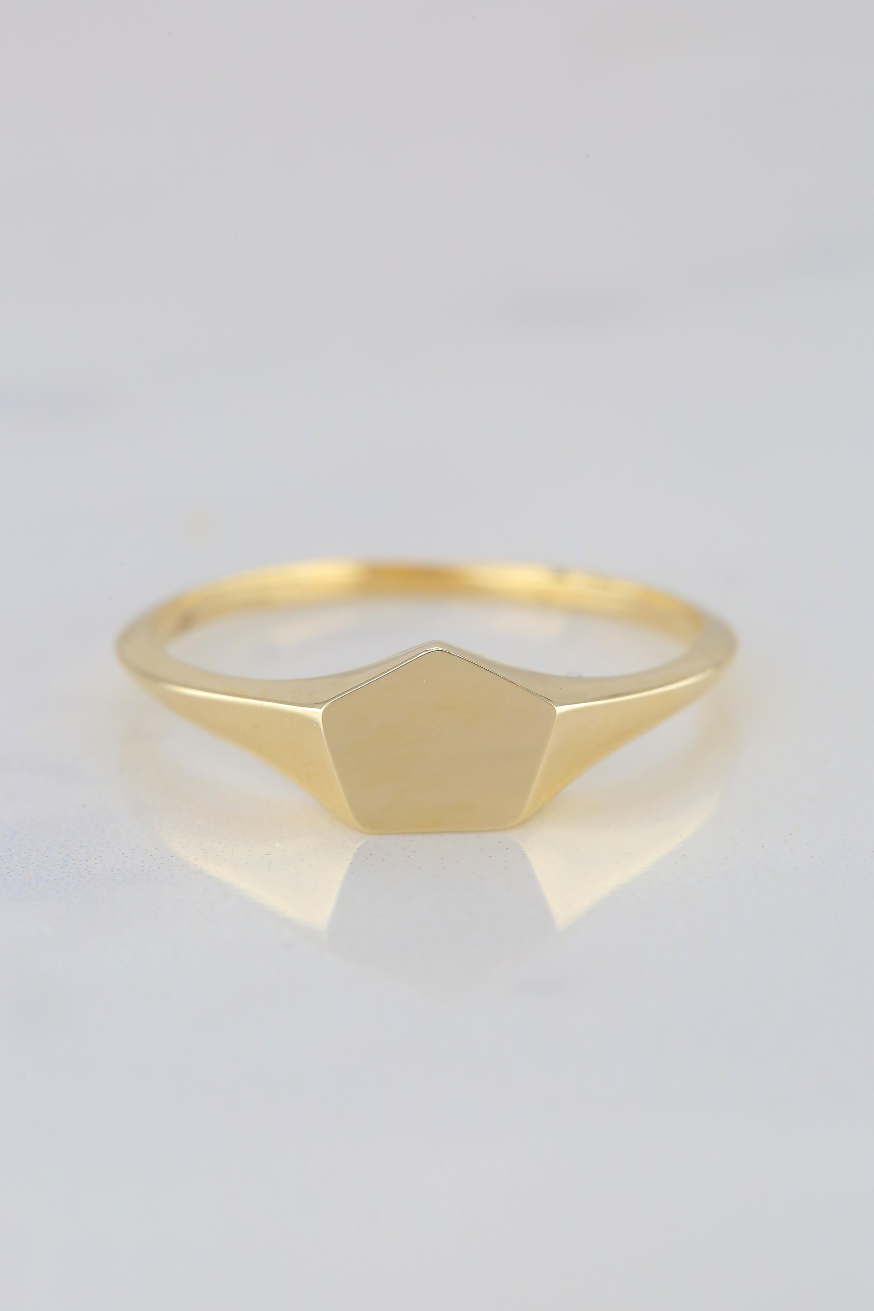 Pinky Signet Ring, 14K Gold Pinky Pentagon Signet Ring, Small Pentagonal Ring 4