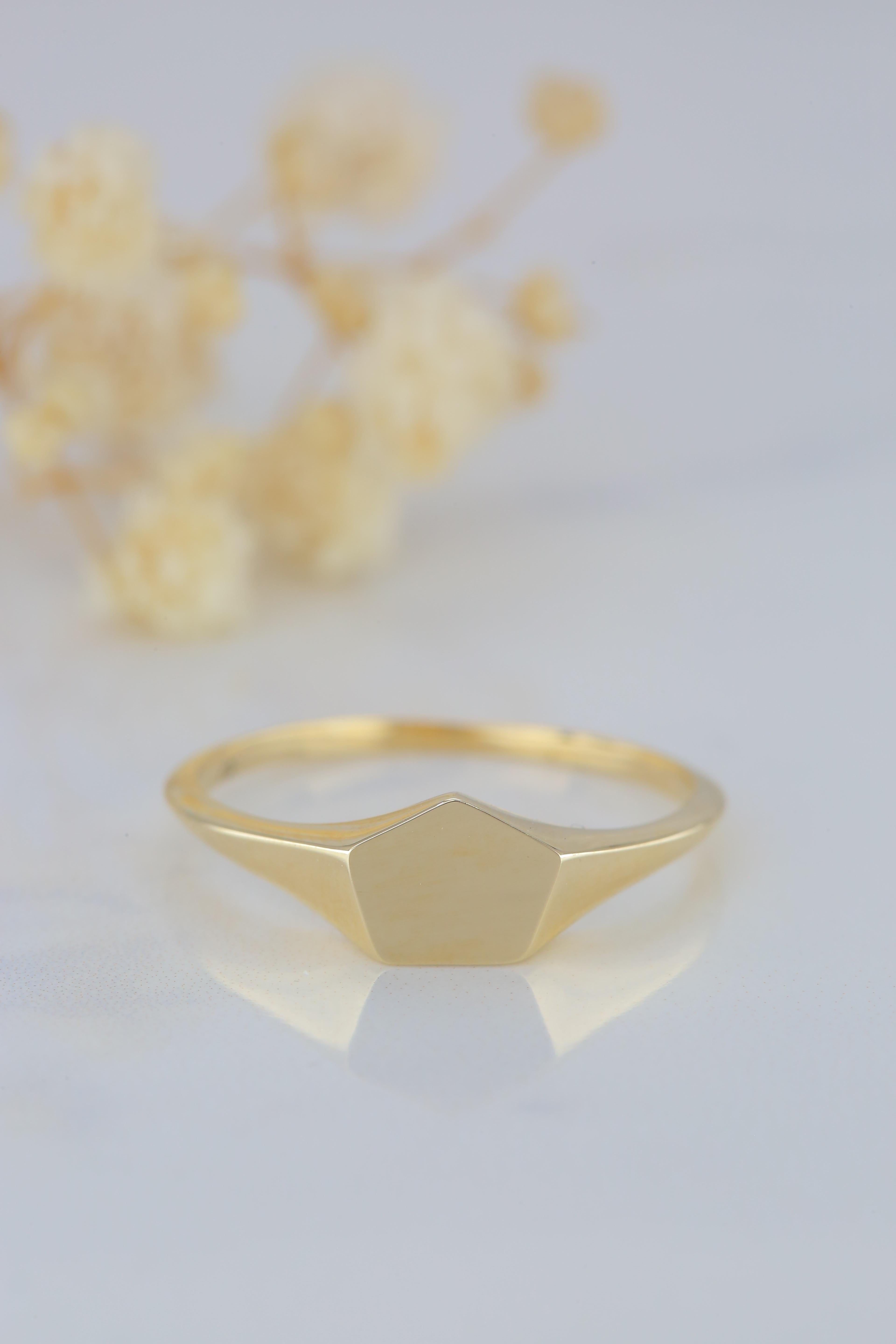 For Sale:  Pinky Signet Ring, 14K Gold Pinky Pentagon Signet Ring, Small Pentagonal Ring 5