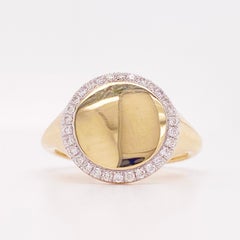 Circle Pinky Signet Ring, Diamond Halo Disk, Engraveable 14K Yellow Gold LR51521