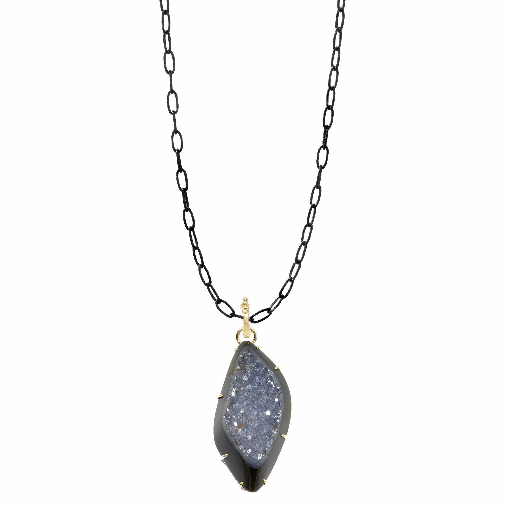 The black oxidized sterling silver neckalace chain is the perfect fit to showcase the vibrant pinnacle black druzy pendant, the Pinnacle Medium Black Druzy Silver Necklace is bold and brilliant, a gorgeous  style you can dress up or down on the