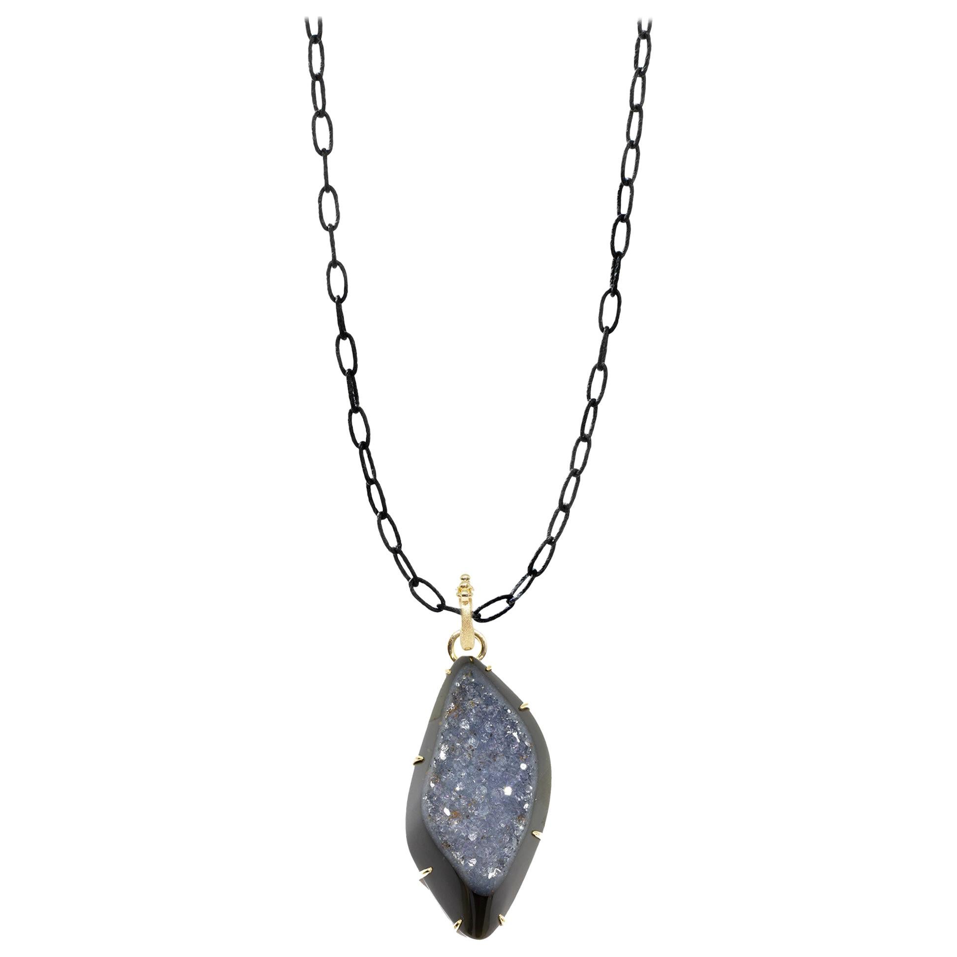 Pinnacle Medium Black Druzy Silver Necklace For Sale