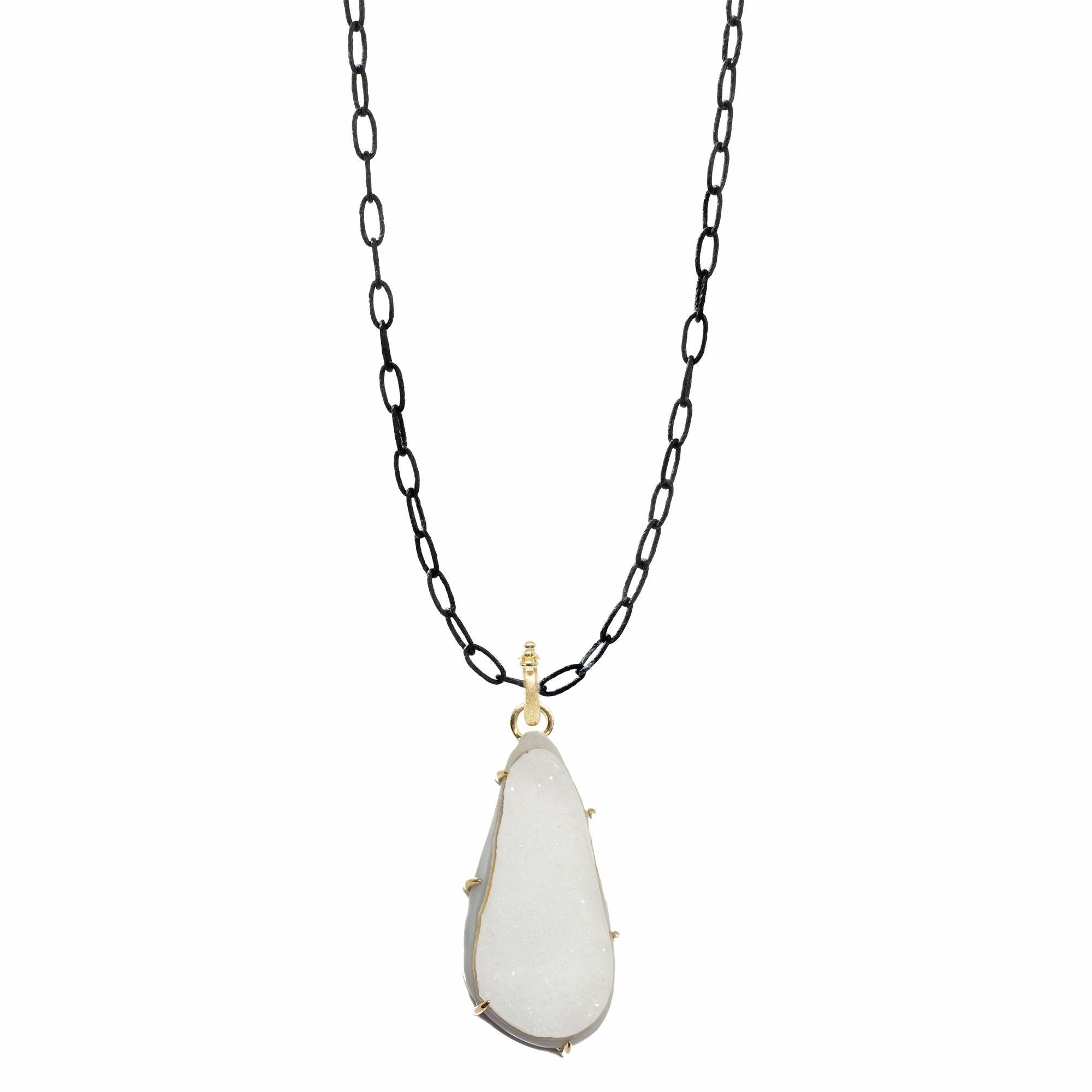 The black oxidized sterling silver neckalace chain is the perfect fit to showcase the vibrant pinnacle white druzy pendant, the Pinnacle Medium White Druzy Silver Necklace is bold and brilliant, a gorgeous  style you can dress up or down on the