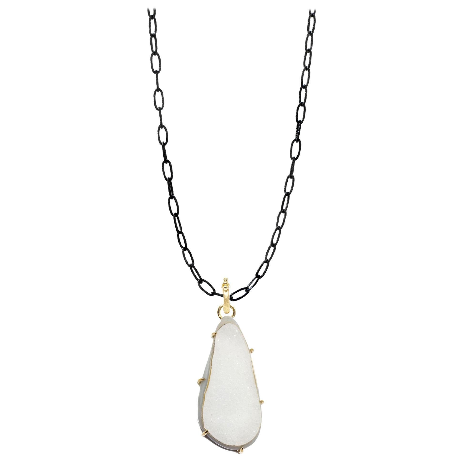 Pinnacle Medium White Druzy Silver Necklace For Sale