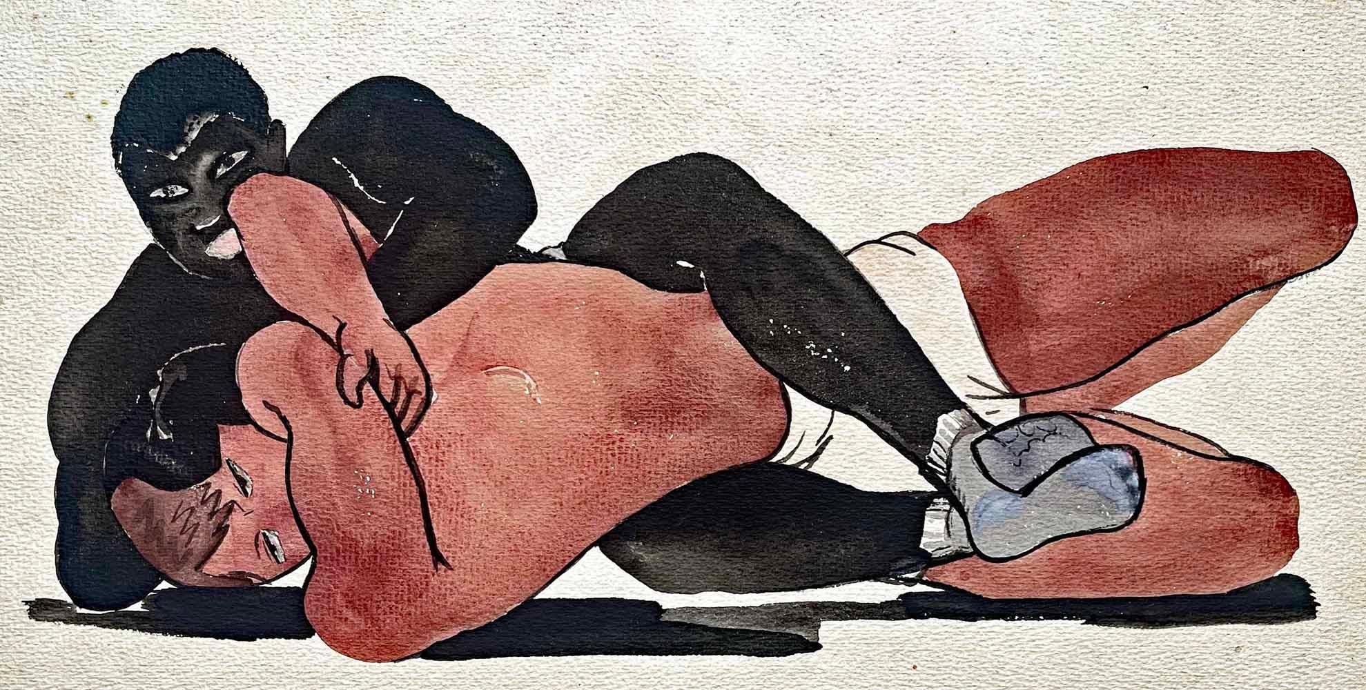 One of a small series of paintings by William L'Engle dating to the late 1920s, this striking watercolor depicts a pair of wrestlers -- one Black and one lighter-skinned -- in the throes of a match, with one gripping the other in a scissors hold