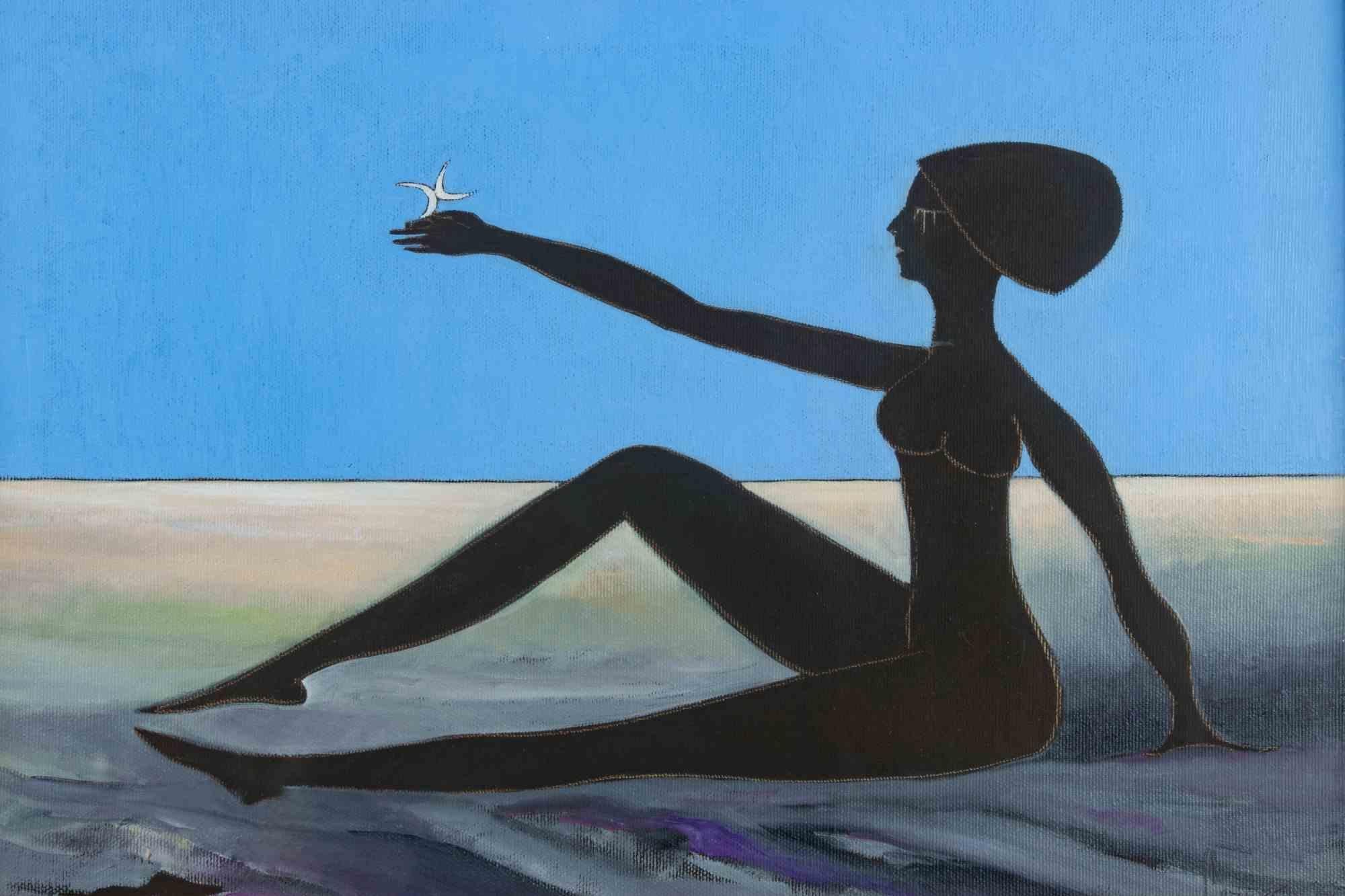 Figura su sfondo blu - Pittura ad olio di Pino Caruso - 1985 in vendita 1