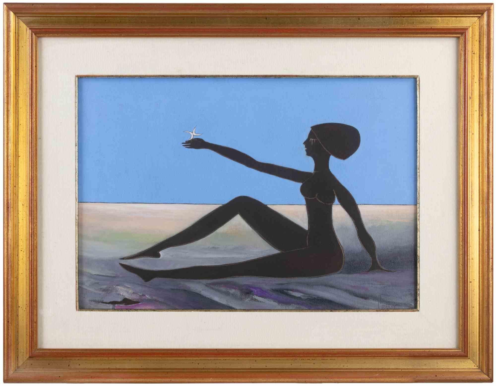 Figure on blue background is a modern artwork realized by Pino Caruso in 1985.

Mixed colored oil painting.

Hand signed on lower margin.

Signature and date on the back.

Includes frame