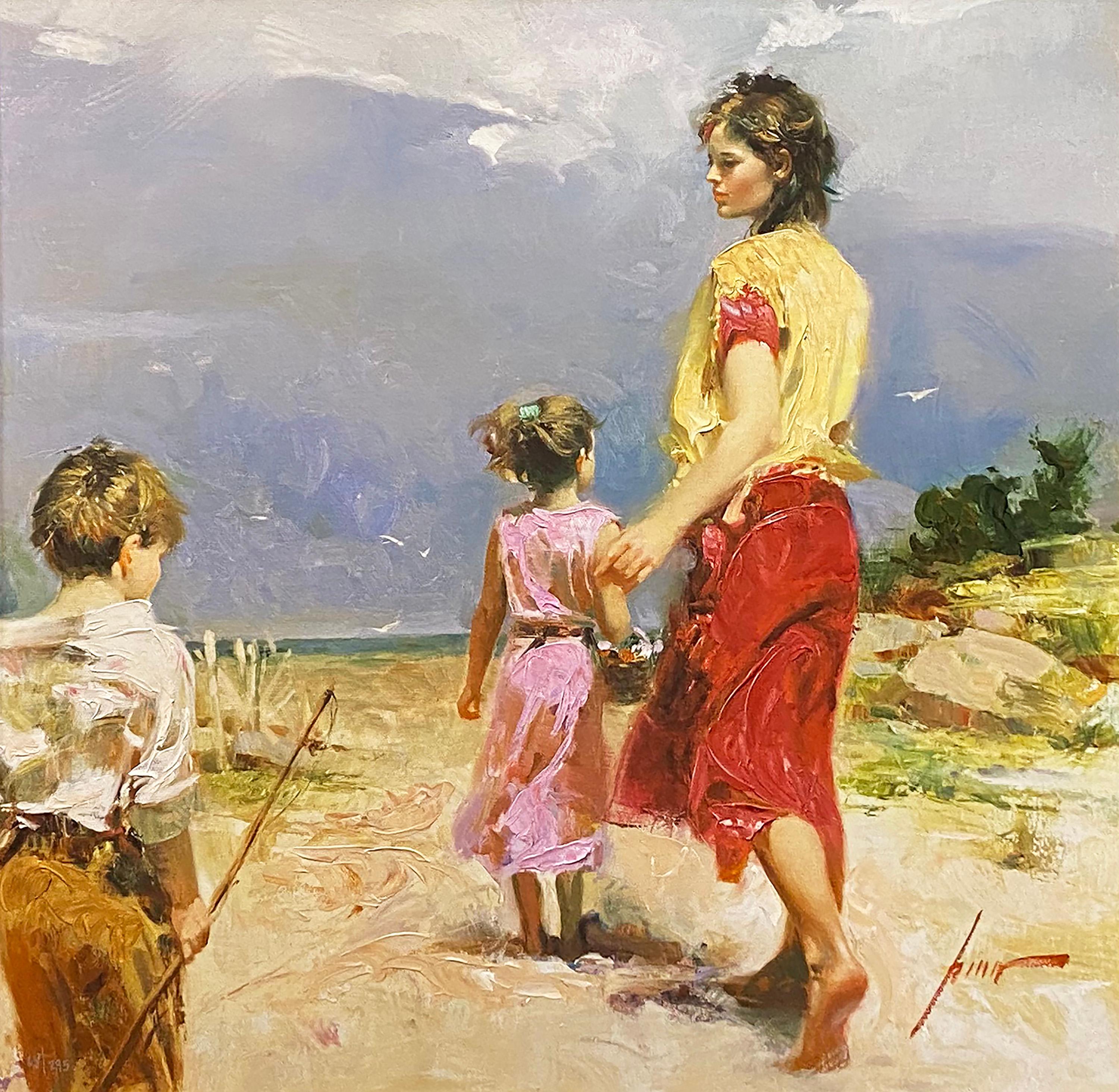 Pino Daeni Figurative Print - Mother and Children on the Beach