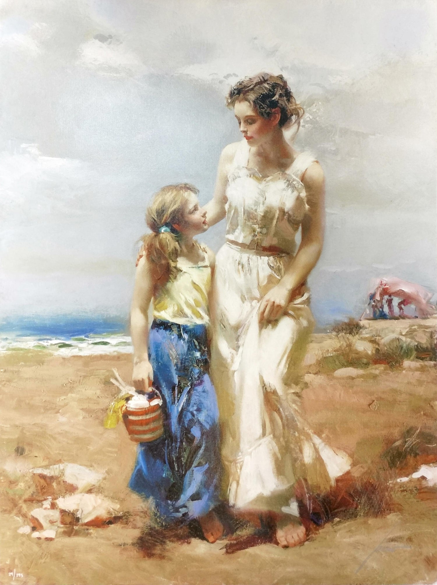 Pino Daeni - Mother and Children on the Beach For Sale at 1stDibs | mother  and child on the beach, pino mother and child