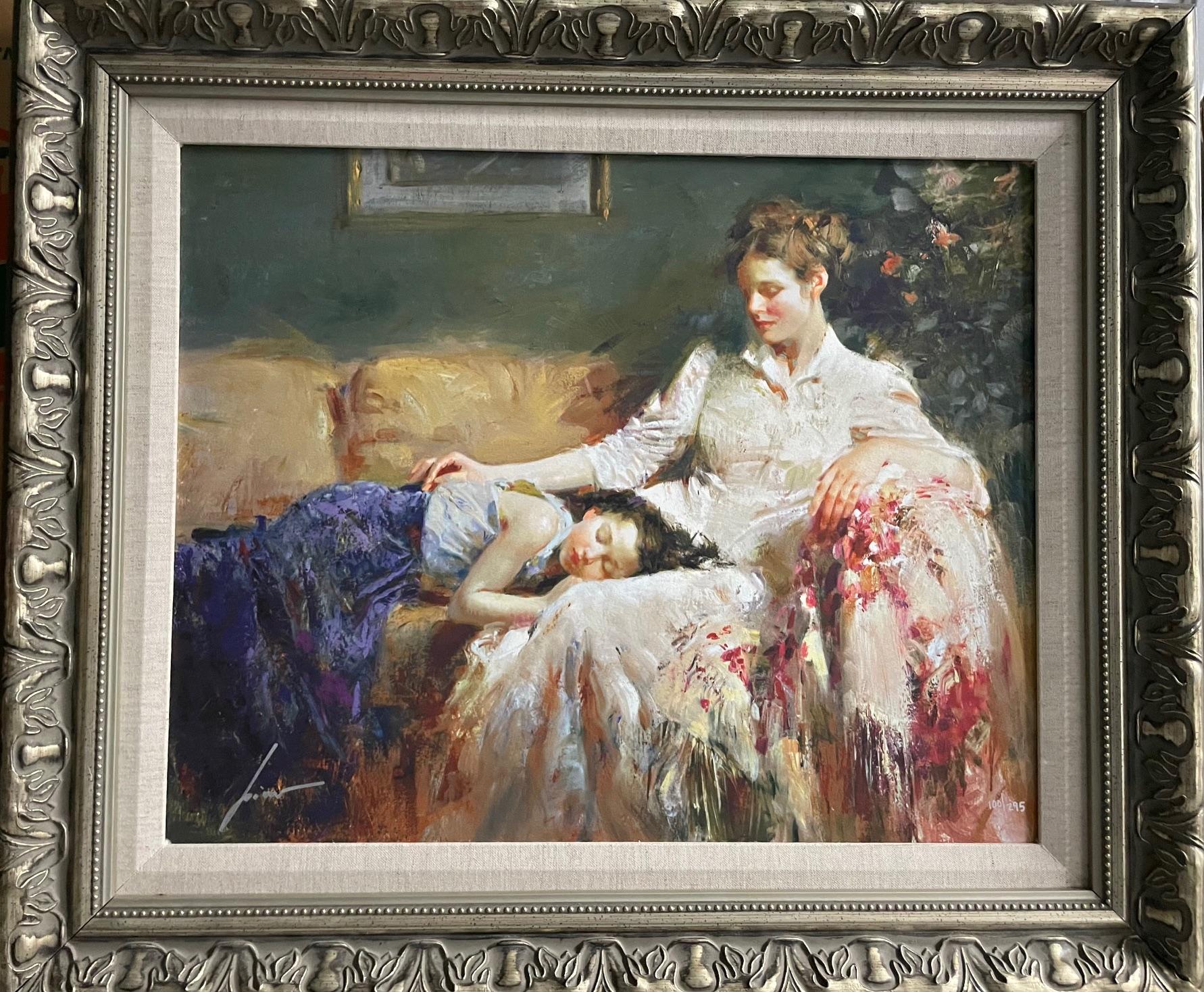 Sentimental is the adjective to describe this beautiful portrait of a mother with her innocent child.
This is a beautifully framed limited edition lithograph  (100/295) on paper signed by the artist Pino Daeni. 
It is in excellent condition.