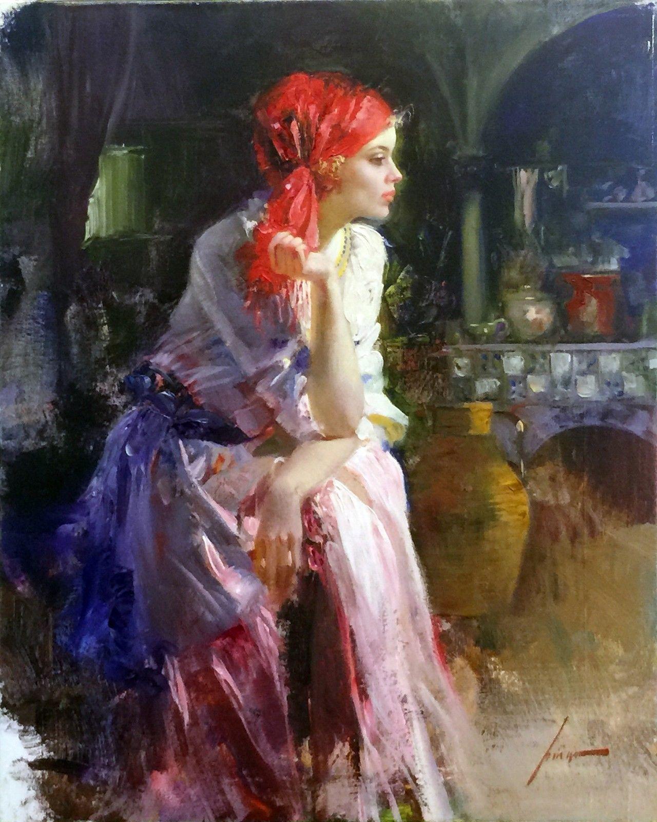 Pino Daeni Portrait Print - LOST IN THOUGHT (HAND EMBELLISHED)