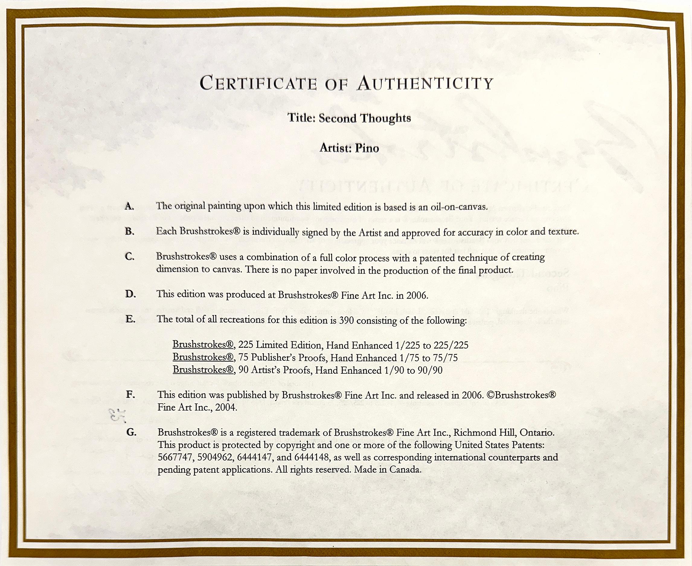 Giclée sobre lienzo embellecido a mano.   Firmado a mano en la parte inferior derecha por Pino.  Numerado a mano 73/90 AP abajo a la izquierda.   Tamaño de la obra: 40 x 30 pulgadas (el lienzo está tensado).

La obra está en excelente estado.