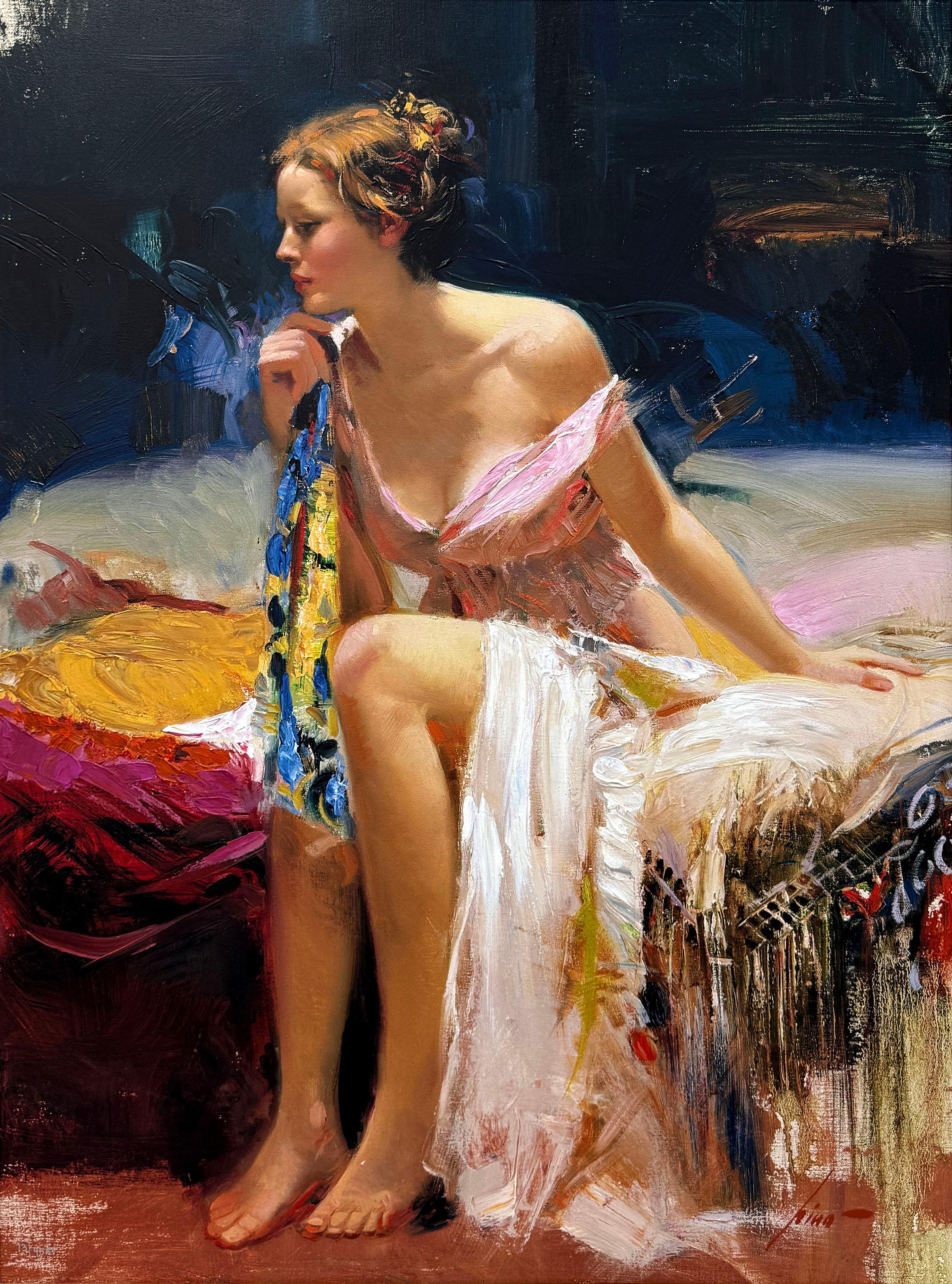 Figurative Print de Pino Daeni - Second Thoughts (lienzo grande tensado y embellecido a mano)