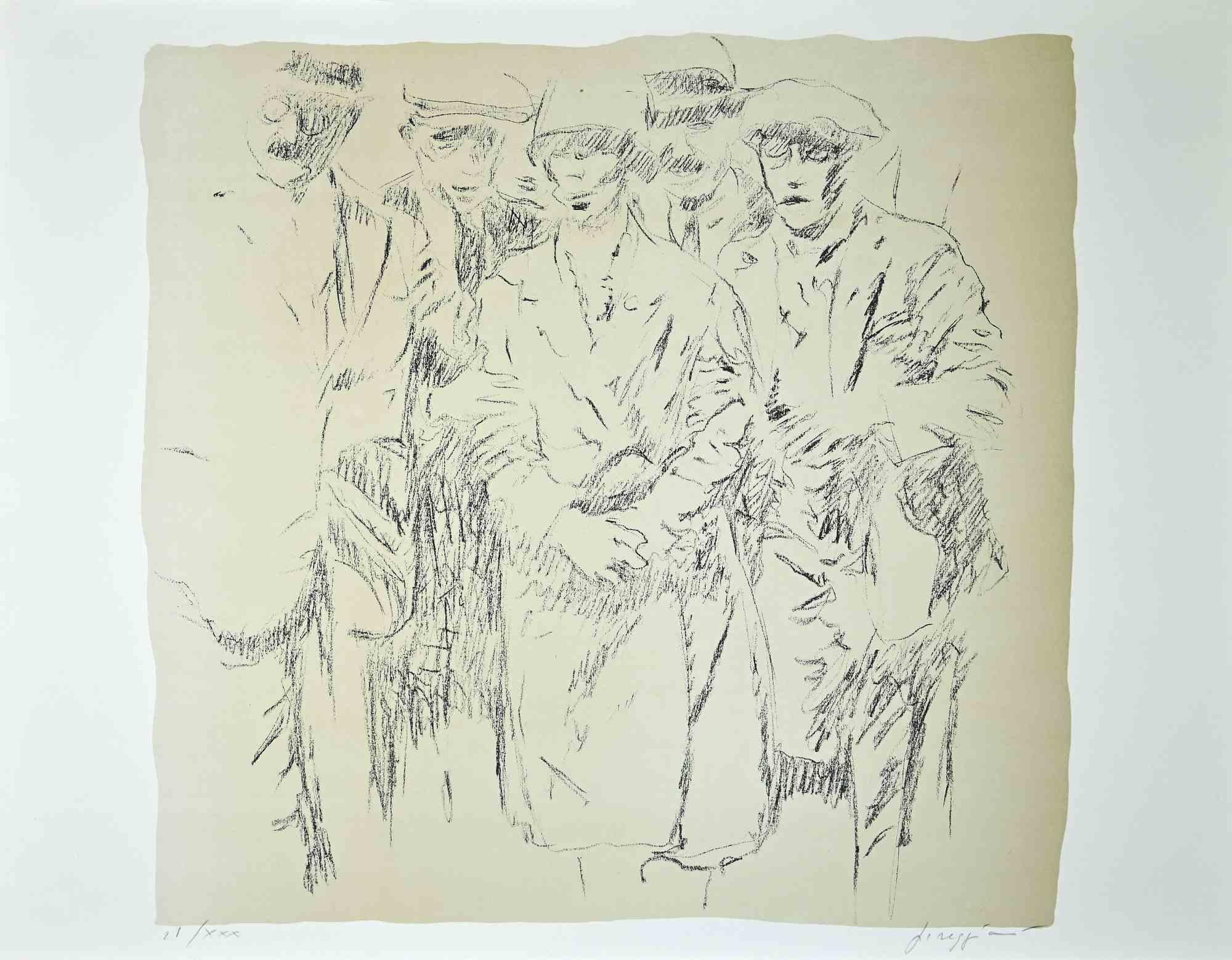 Behind the boss is a Contemporary Artwork realized by the Italian artist Pino Reggiani (Forlì, 1937).

Lithograph on paper.

Hand-signed in pencil by the artist on the lower right corner: Reggiani. Numbered in pencil on the lower left corner in