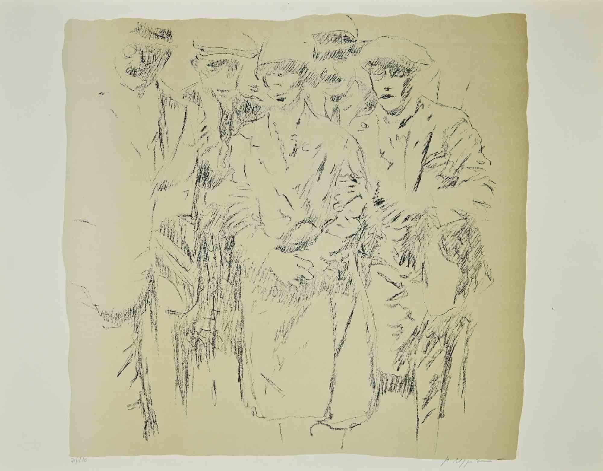 Detrás del jefe hay una Obra de Arte Contemporáneo realizada por el artista italiano Pino Reggiani (Forlì, 1937).

Litografía sobre papel.

Firmado a lápiz por el artista en la esquina inferior derecha: Reggiani. Numerada a lápiz en la esquina