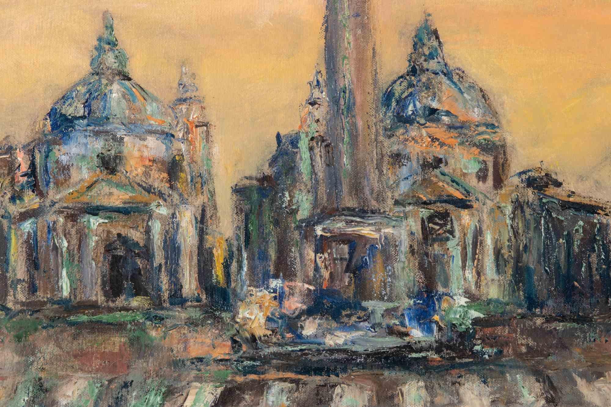 Ein Nachmittag auf der Piazza del Popolo - Ölgemälde von Pino Romanò - 1990er Jahre im Angebot 1
