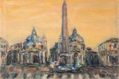 Ein Nachmittag auf der Piazza del Popolo - Ölgemälde von Pino Romanò - 1990er Jahre