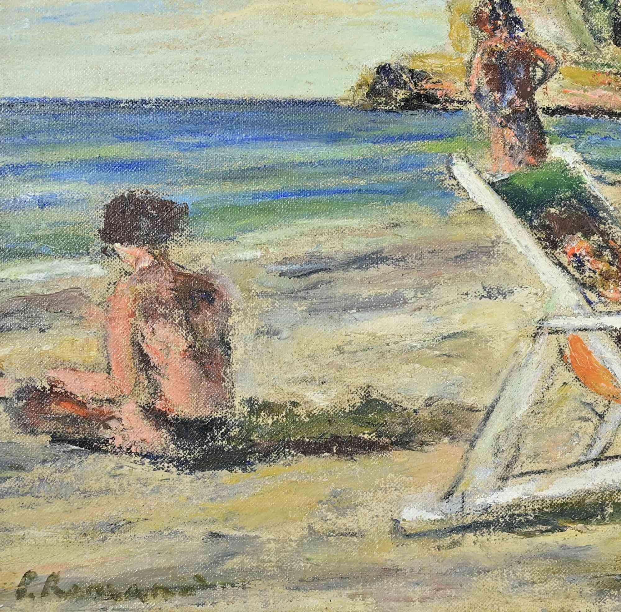 Bañistas en Scilla - Pintura al óleo de Pino Romanò - Años 90 en venta 1