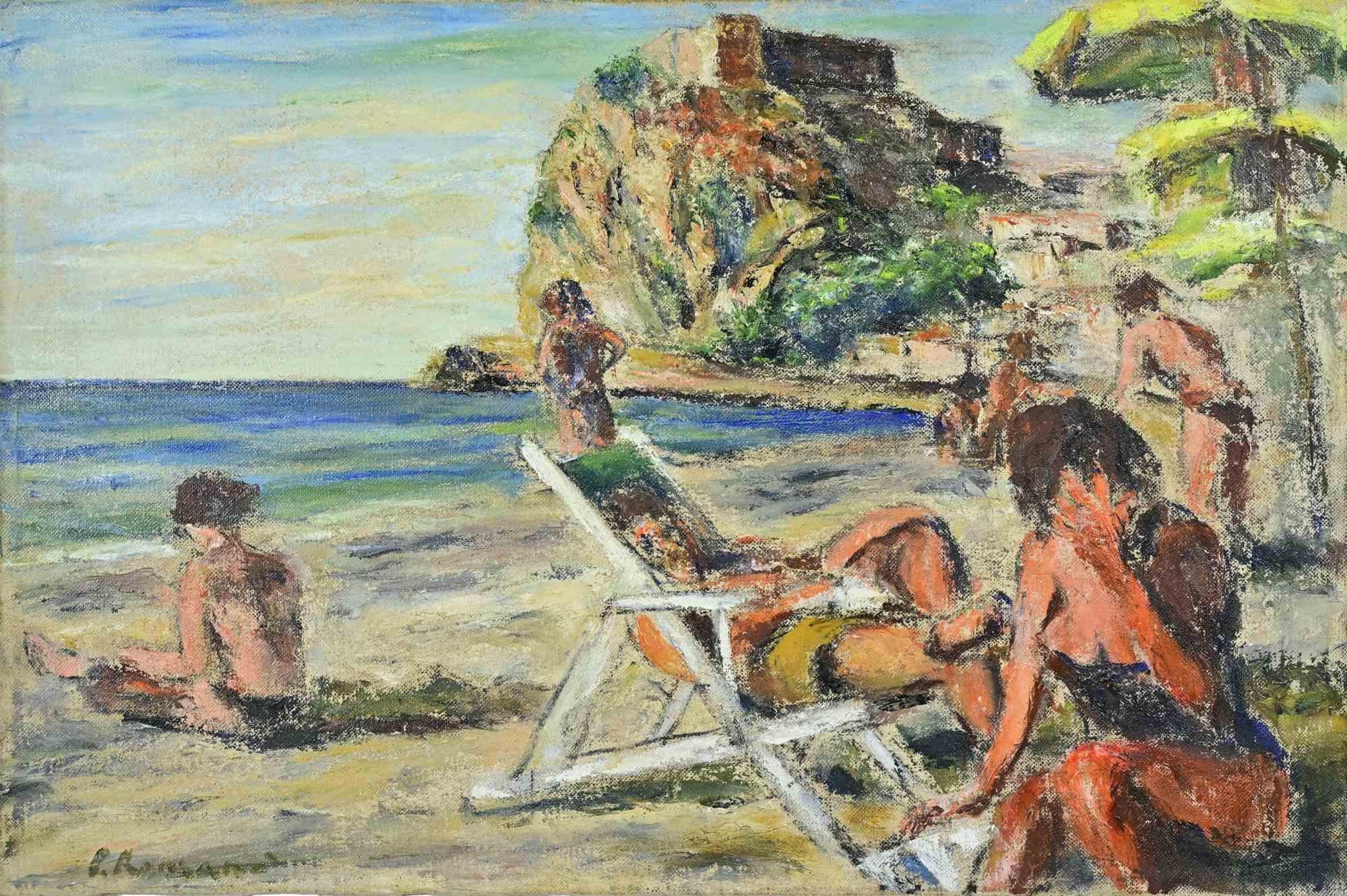 Bañistas en Scilla - Pintura al óleo de Pino Romanò - Años 90 en venta 2