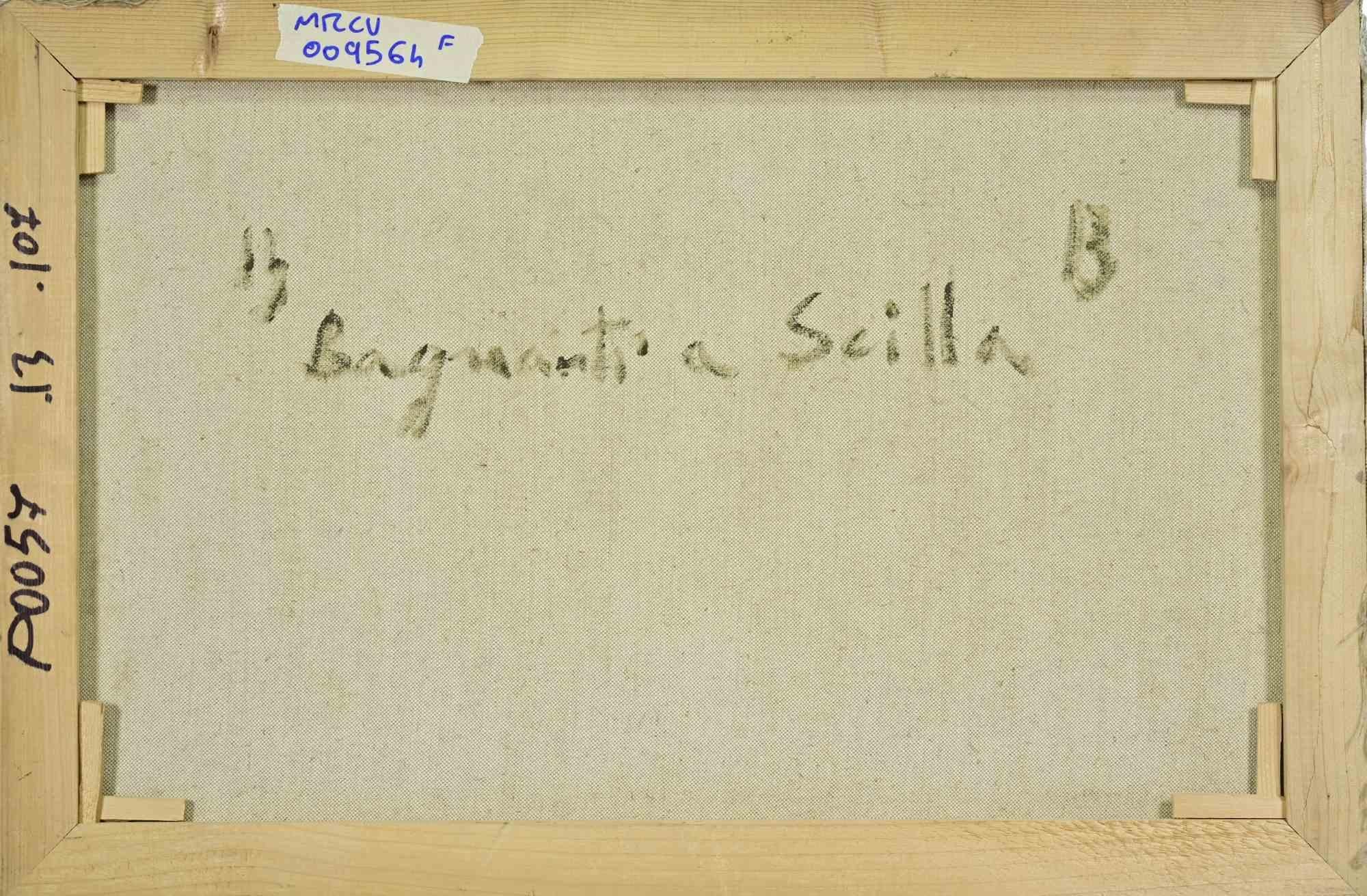 Bañistas en Scilla - Pintura al óleo de Pino Romanò - Años 90 en venta 3