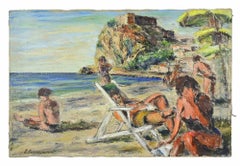 Bañistas en Scilla - Pintura al óleo de Pino Romanò - Años 90