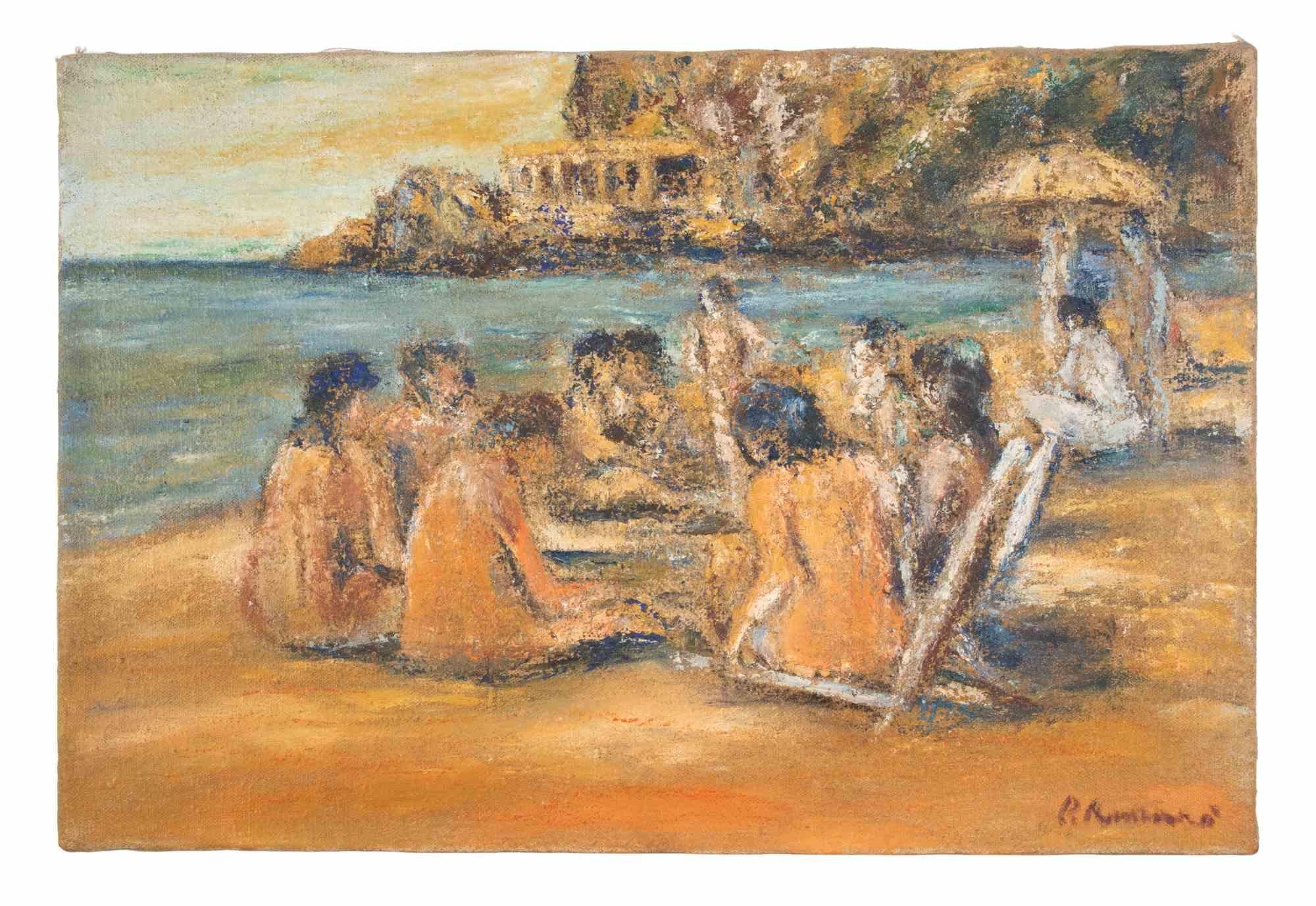 Badende am Strand - Ölgemälde von Pino Romanò - 1999 im Angebot 2