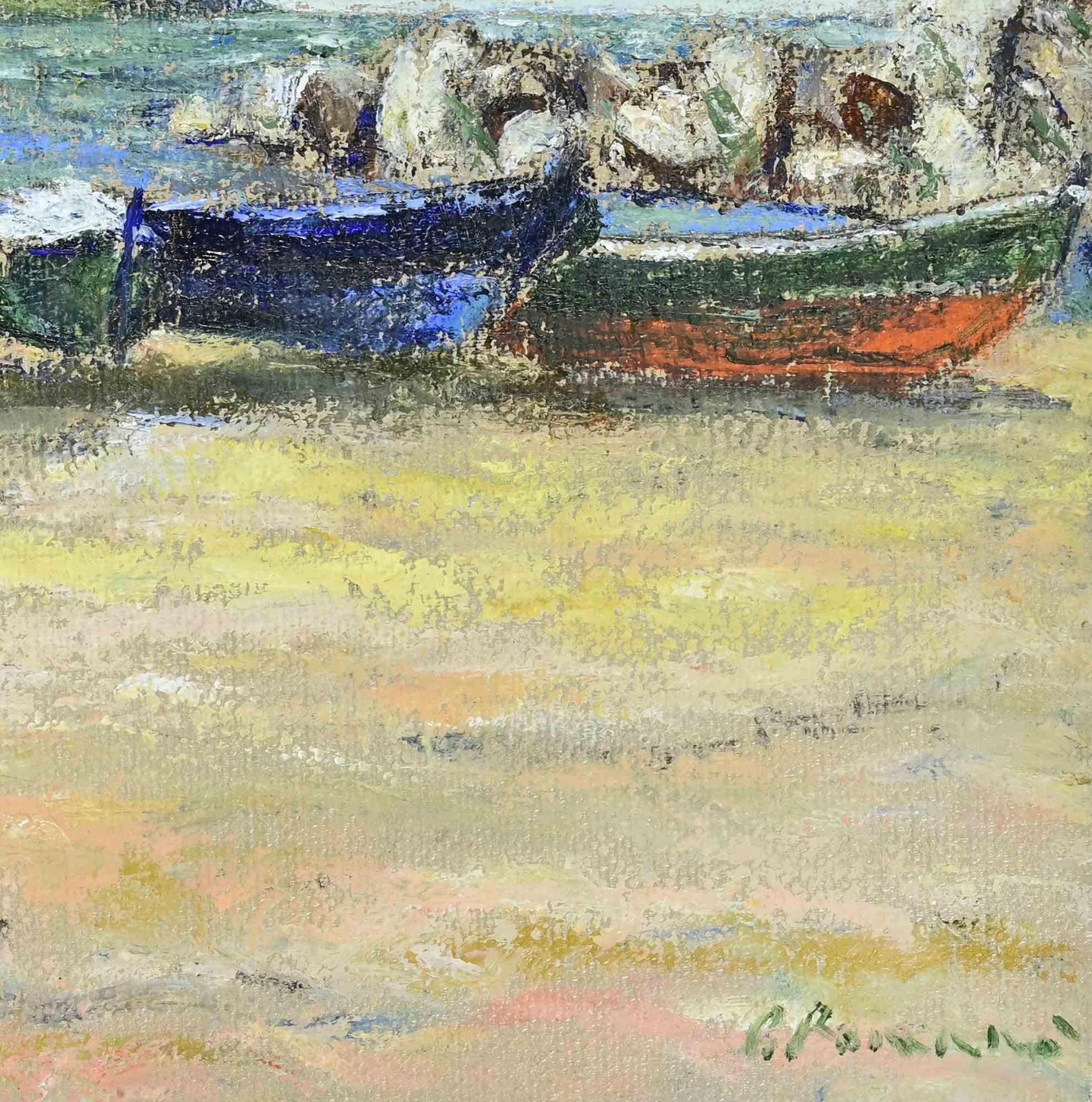 Barcos en el Estrecho de Messina - Óleo de Pino Romanò - Años 90 en venta 1