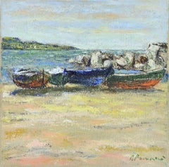 Barcos en el Estrecho de Messina - Óleo de Pino Romanò - Años 90
