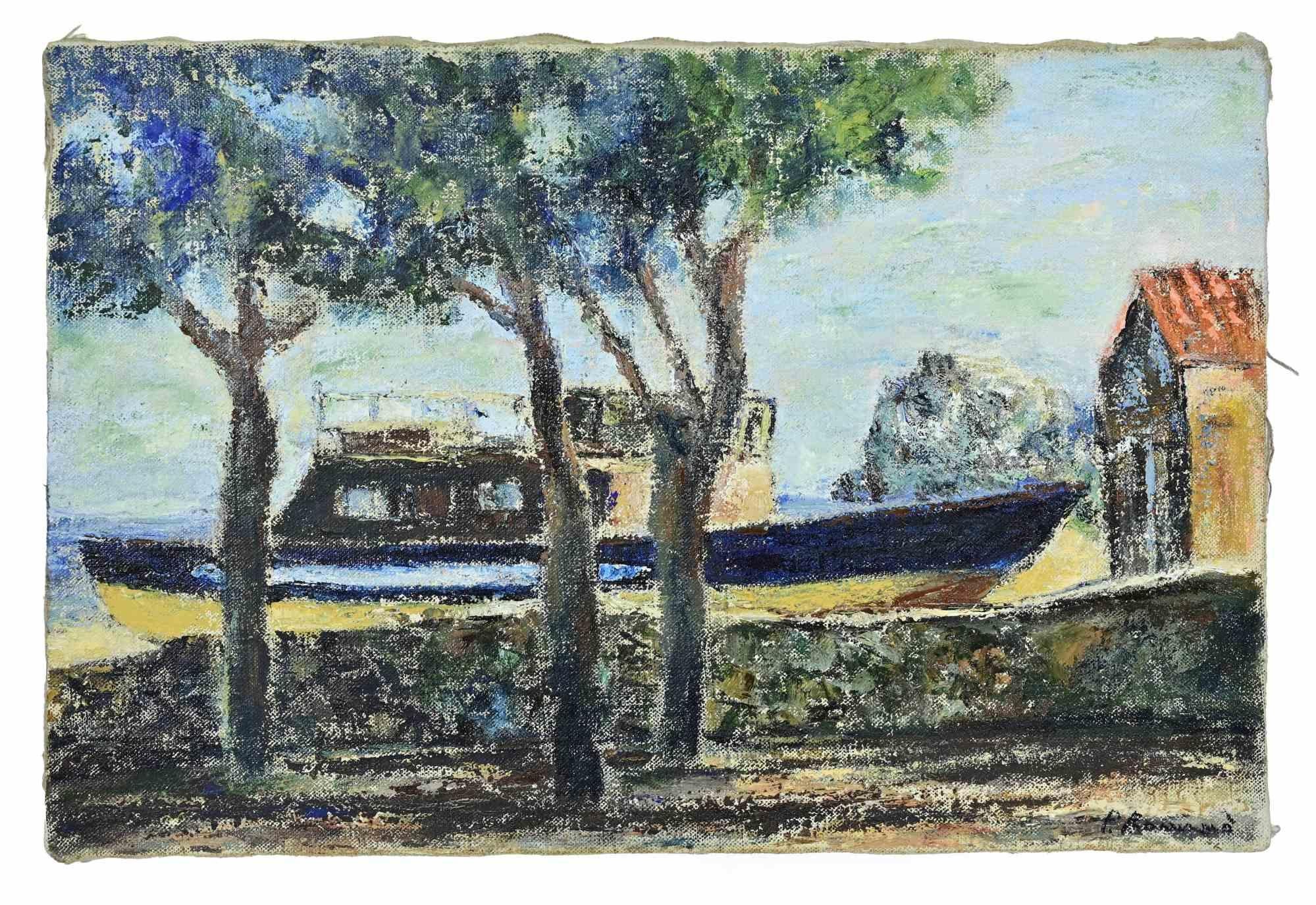 Barcos - Pintura al óleo de Pino Romanò - Años 90 en venta 2
