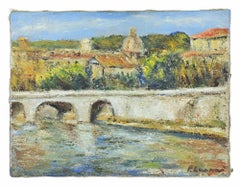 Bridge on the Tiber (View of Rome) - Oil Paint by Pino Romanò - 1990s