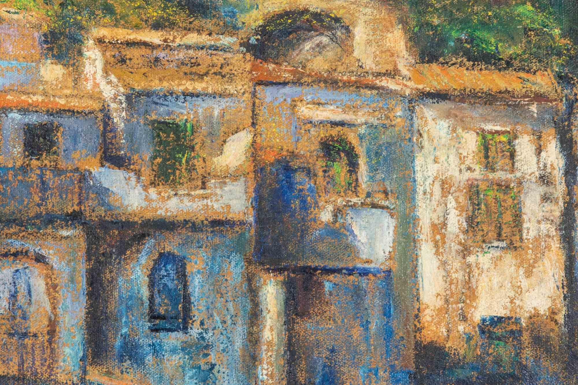 Houses by the Sea in Chianalea - Oil Paint by Pino Romanò - 1990s For Sale 1