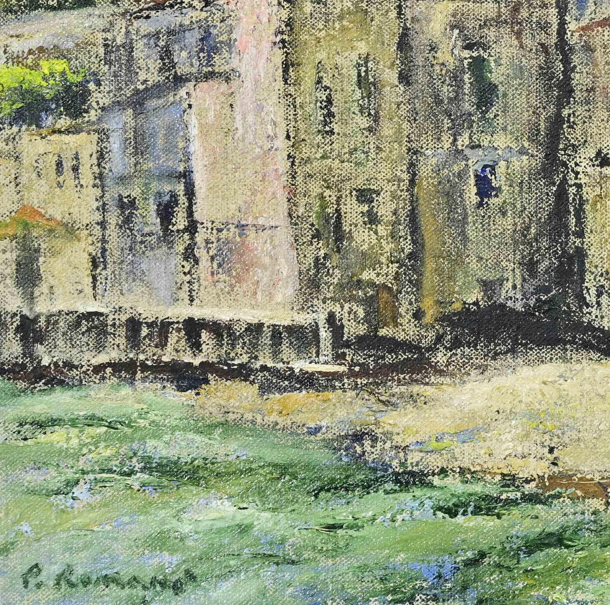 Casas frente al mar - Pintura al óleo de Pino Romanò - Años 90 en venta 1