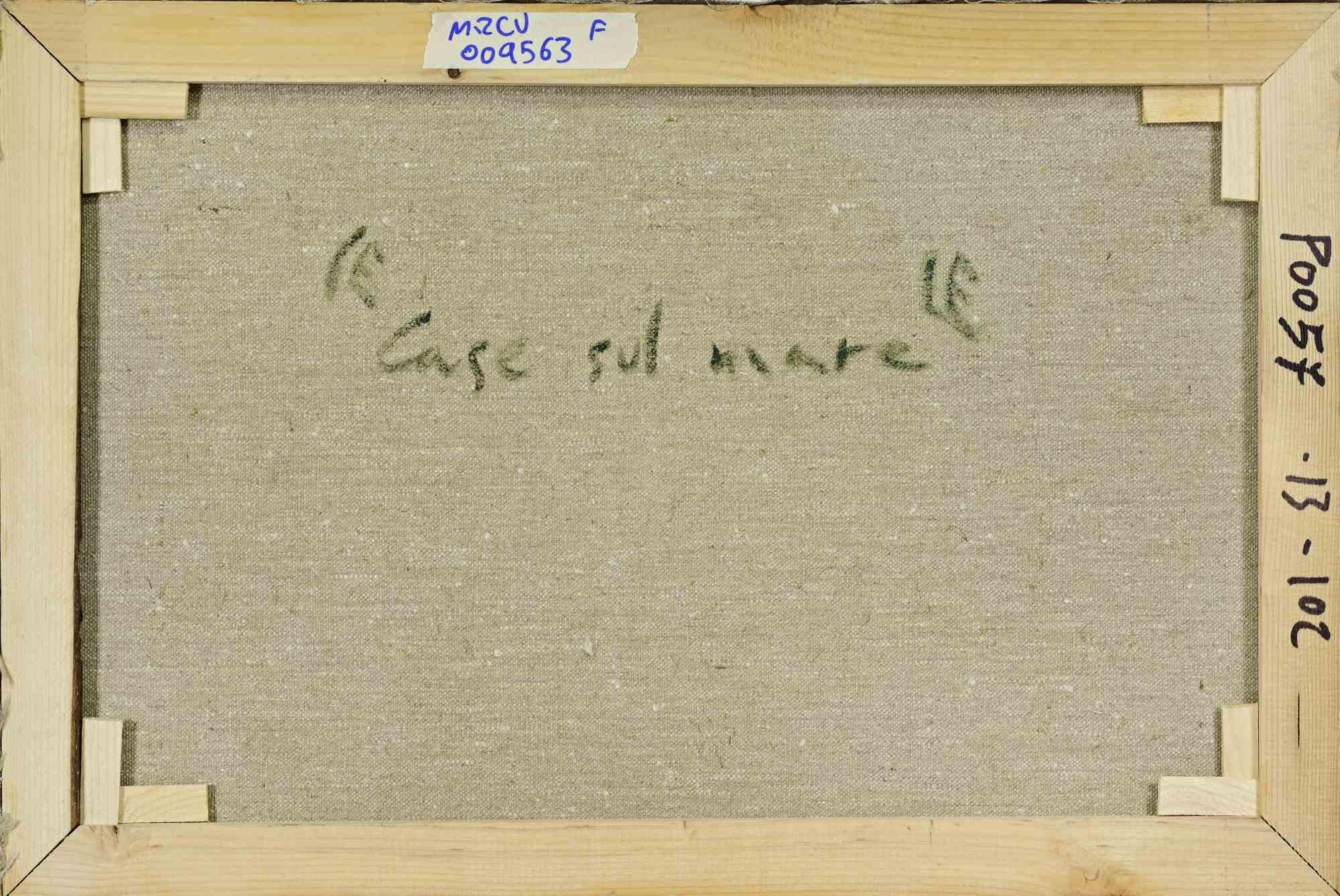 Casas frente al mar - Pintura al óleo de Pino Romanò - Años 90 en venta 2