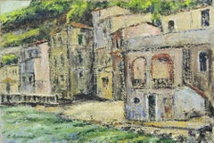 Casas frente al mar - Pintura al óleo de Pino Romanò - Años 90