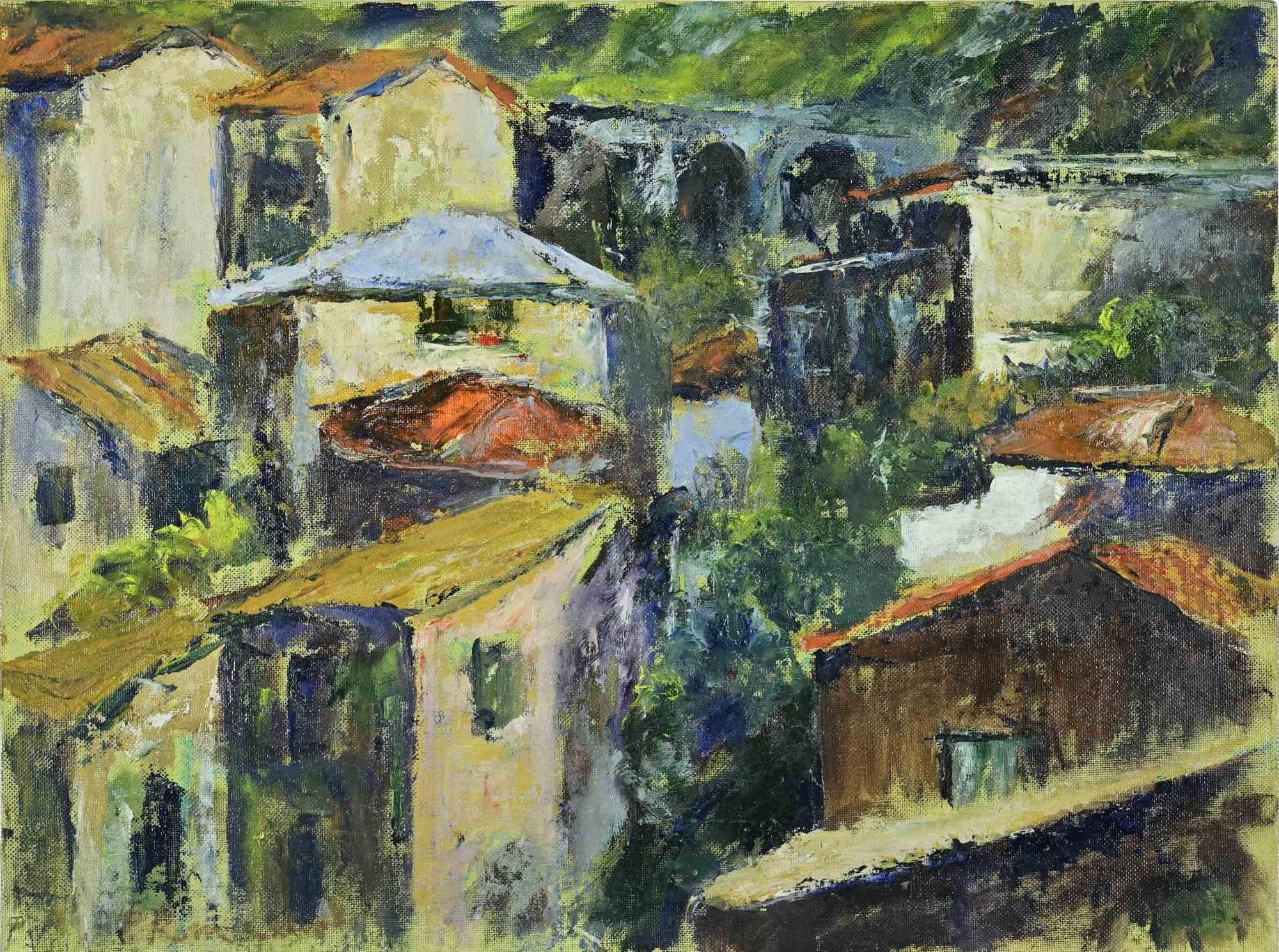 Houses in the Countryside - Oil Paint by Pino Romanò - 1990s For Sale 1