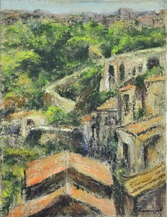 Casas en las colinas - Pintura al óleo de Pino Romanò - Años 90