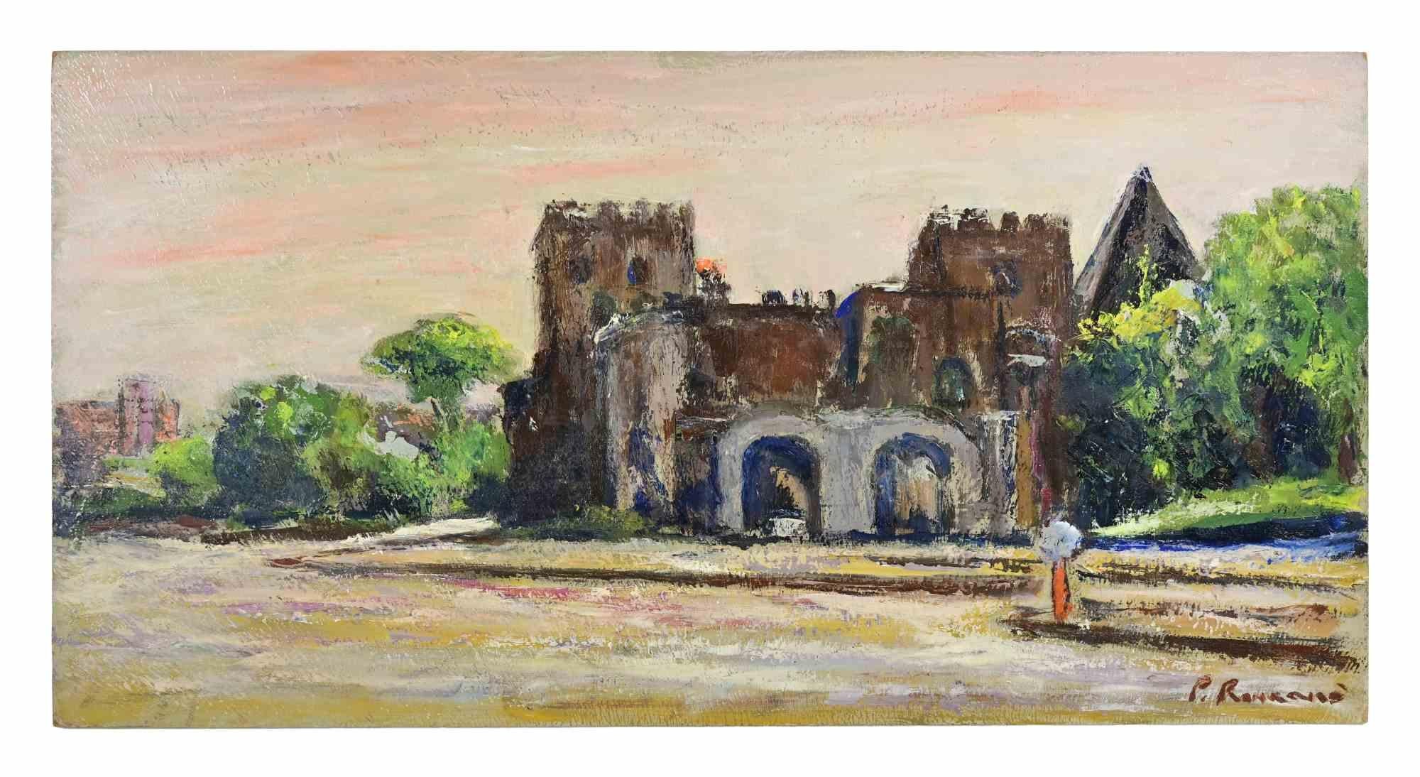 Poarta Sân Paolo and the Pyramid in Rome - Oil Paint by Pino Romanò - 1990s For Sale 1