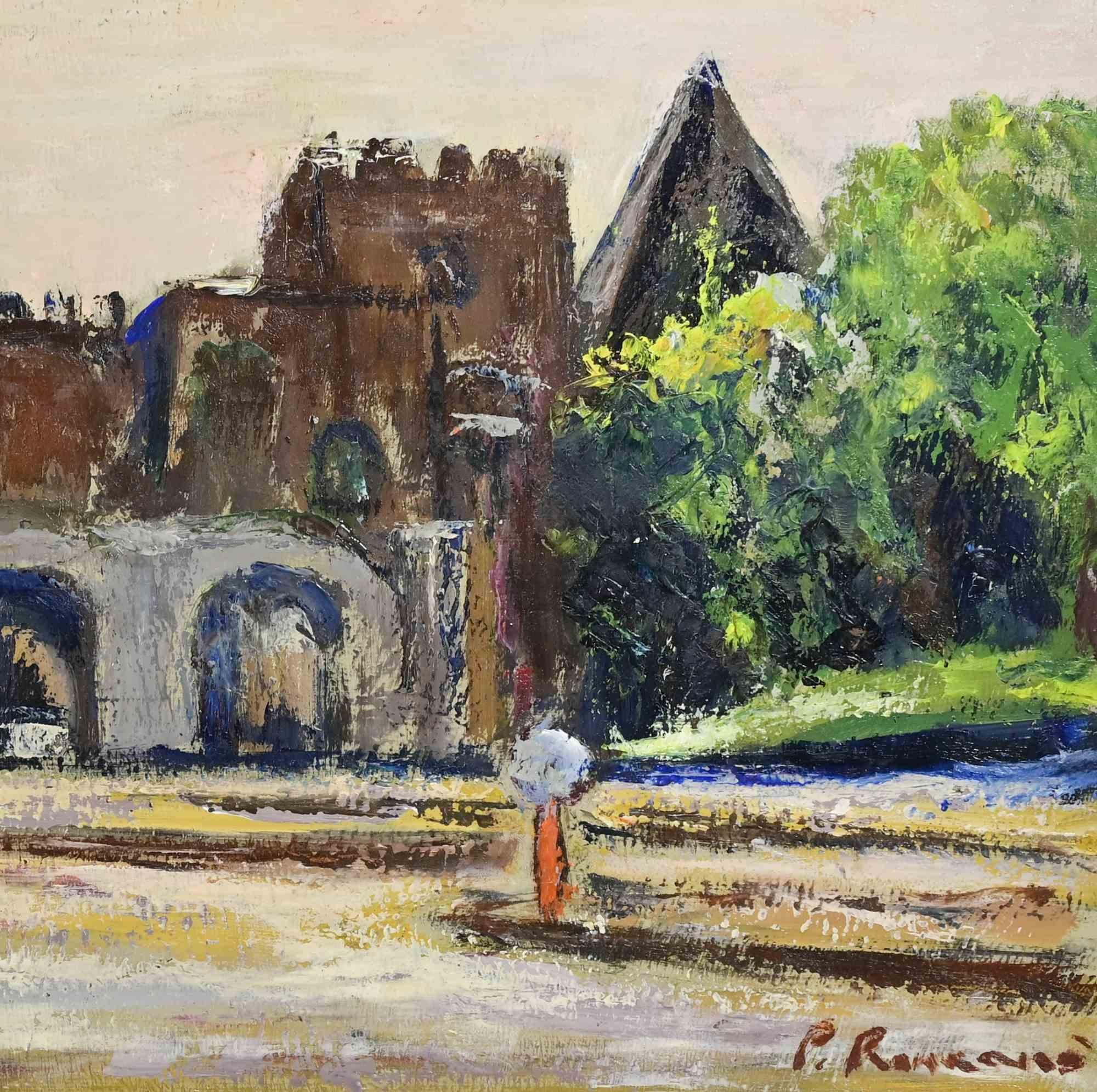 Poarta Sân Paolo and the Pyramid in Rome - Oil Paint by Pino Romanò - 1990s For Sale 2