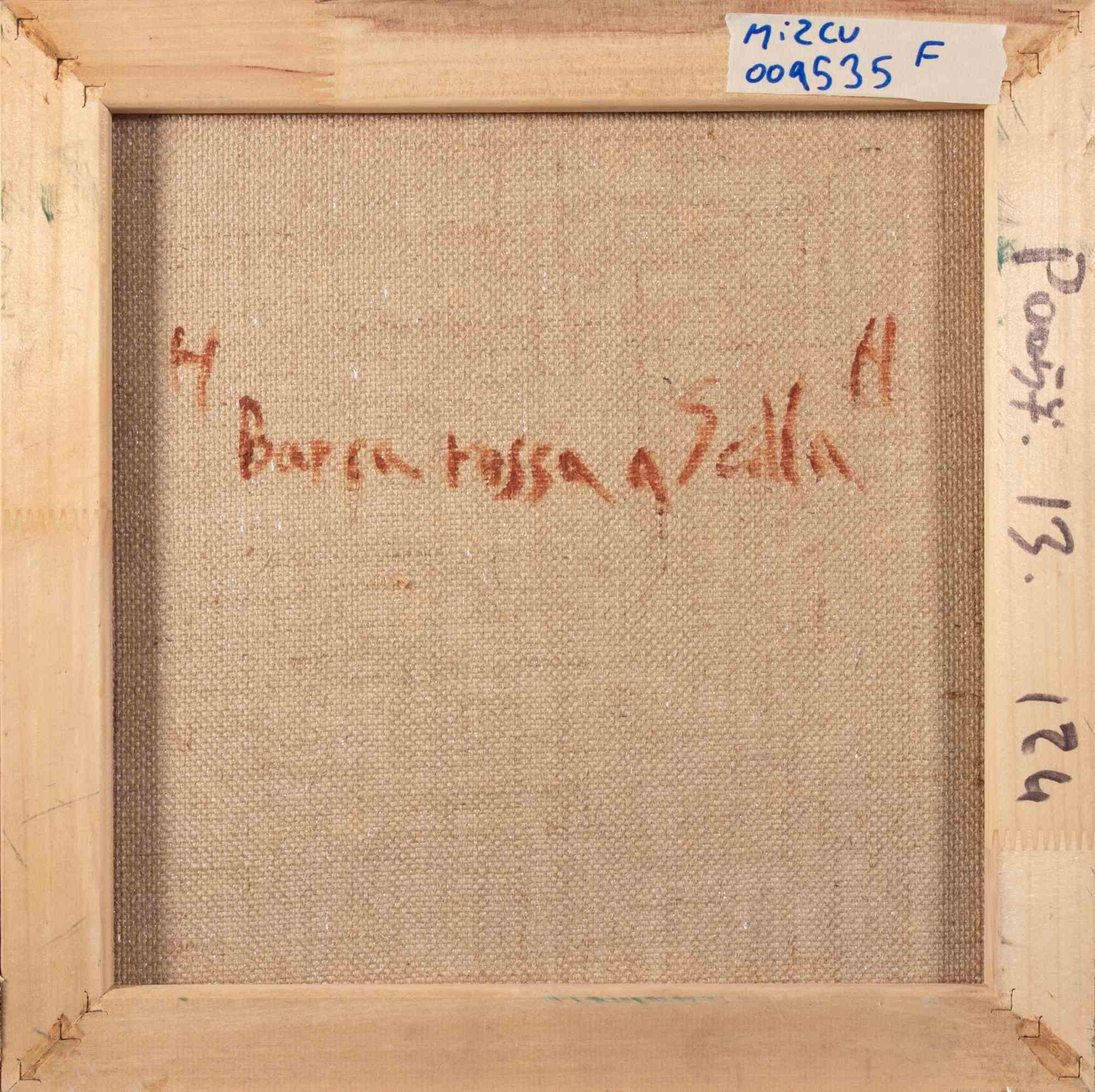 Rotes Boot in Scilla - Ölgemälde von Pino Romanò - 1990s im Angebot 3