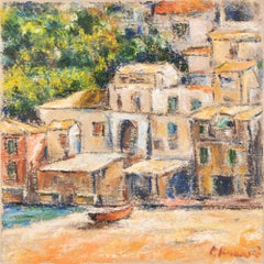 Rotes Boot in Scilla - Ölgemälde von Pino Romanò - 1990s