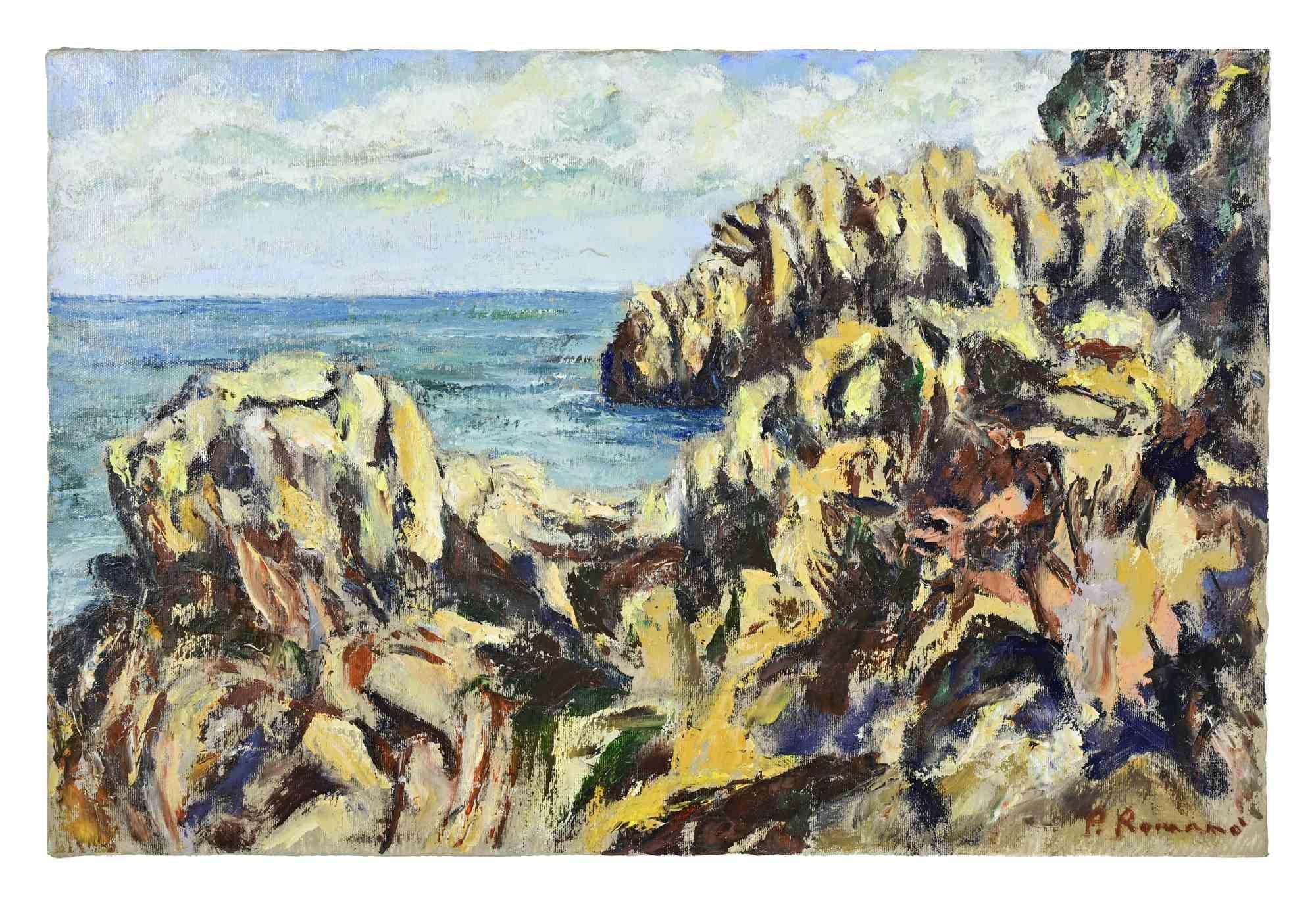Rocas y mar - Pintura al óleo de Pino Romanò - Años 90 en venta 1