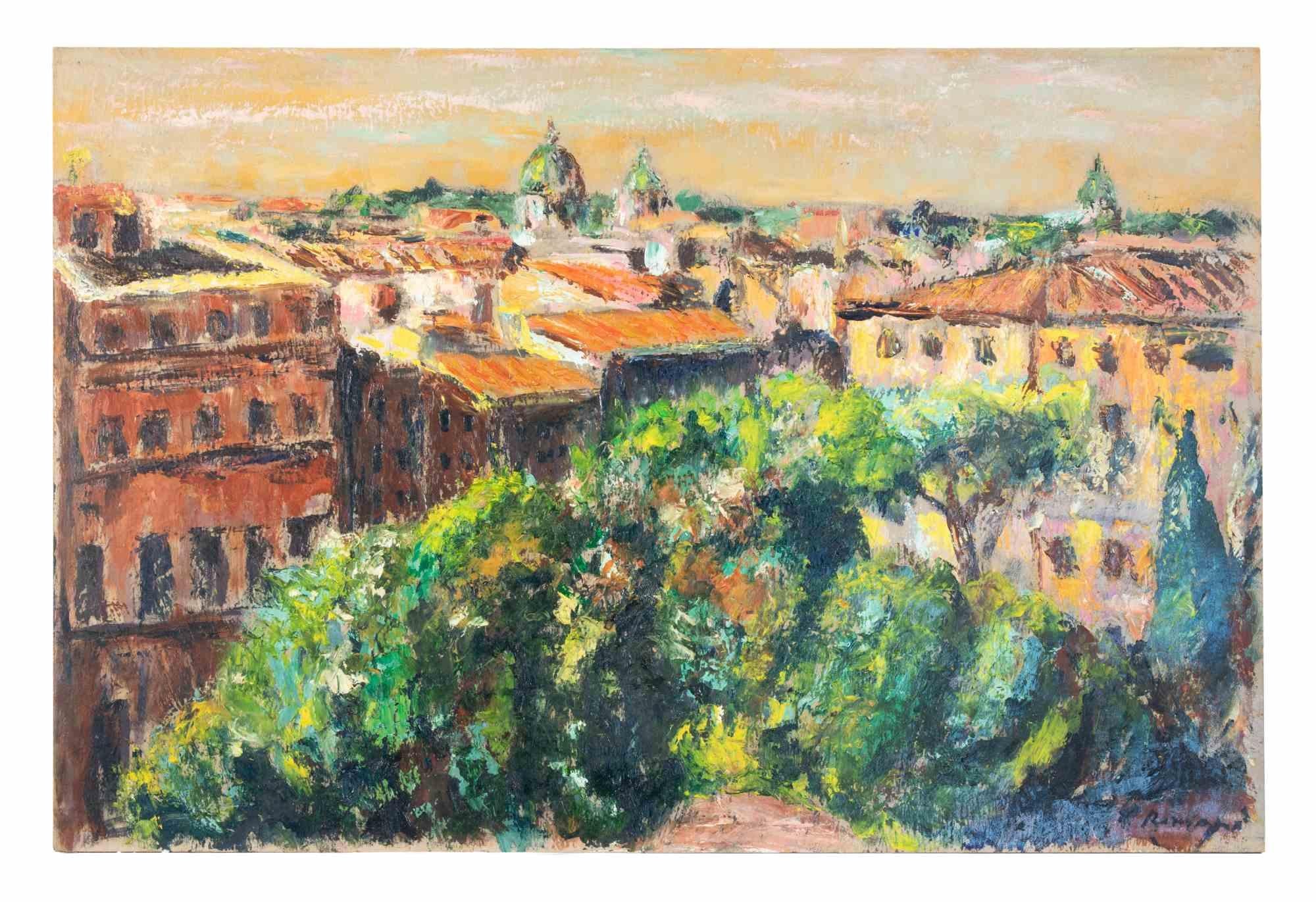 Toits romains - Peinture à l'huile de Pino Romanò - 1990 en vente 2