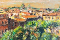 Toits romains - Peinture à l'huile de Pino Romanò - 1990