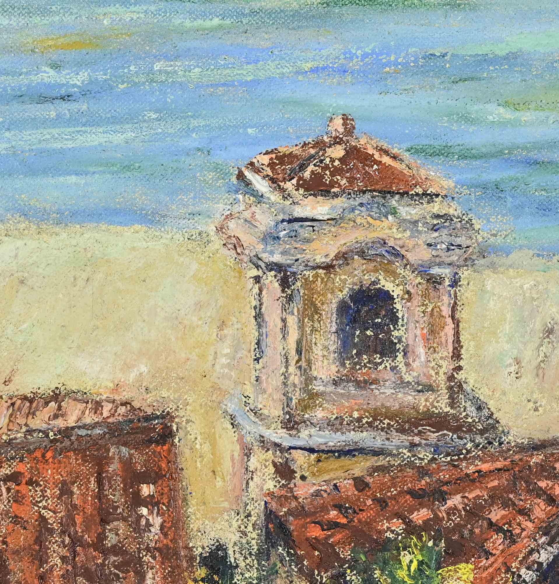 Roofs and Bell Tower - Oil Paint by Pino Romanò - 1990s For Sale 1