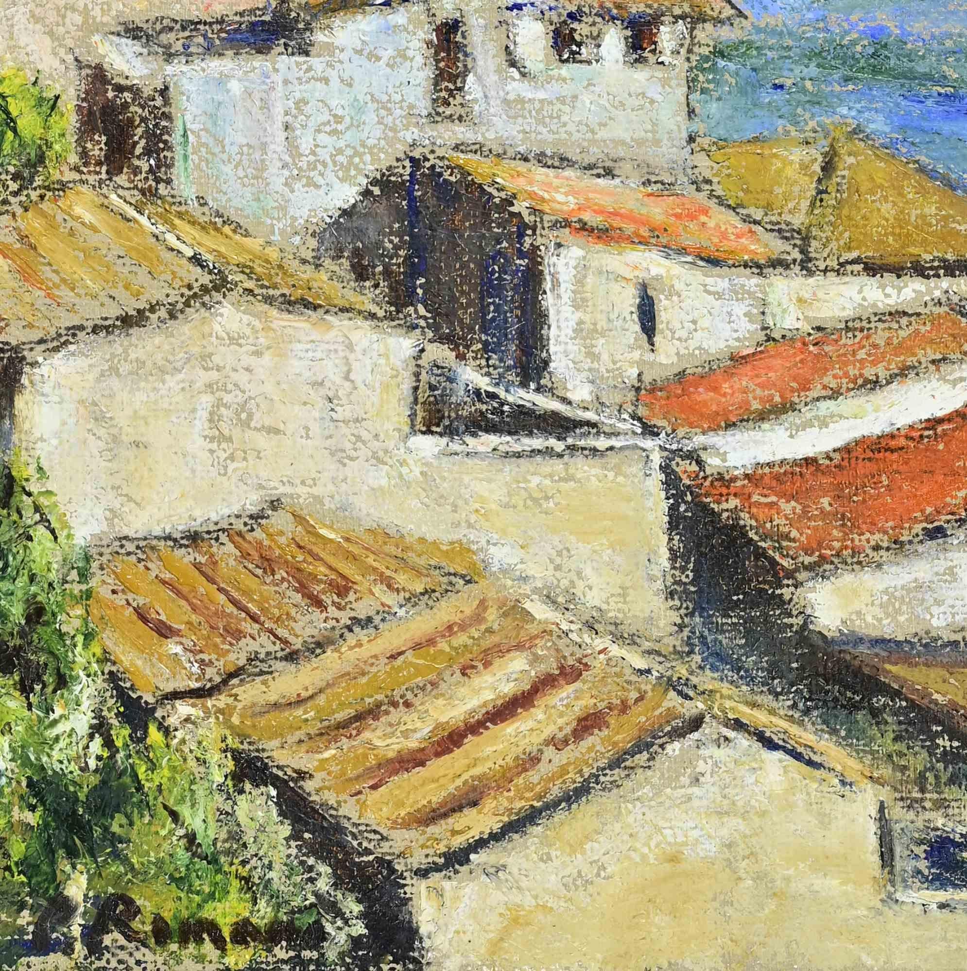 Tejados en Chanalea - Pintura al óleo de Pino Romanò - Años 90 en venta 1